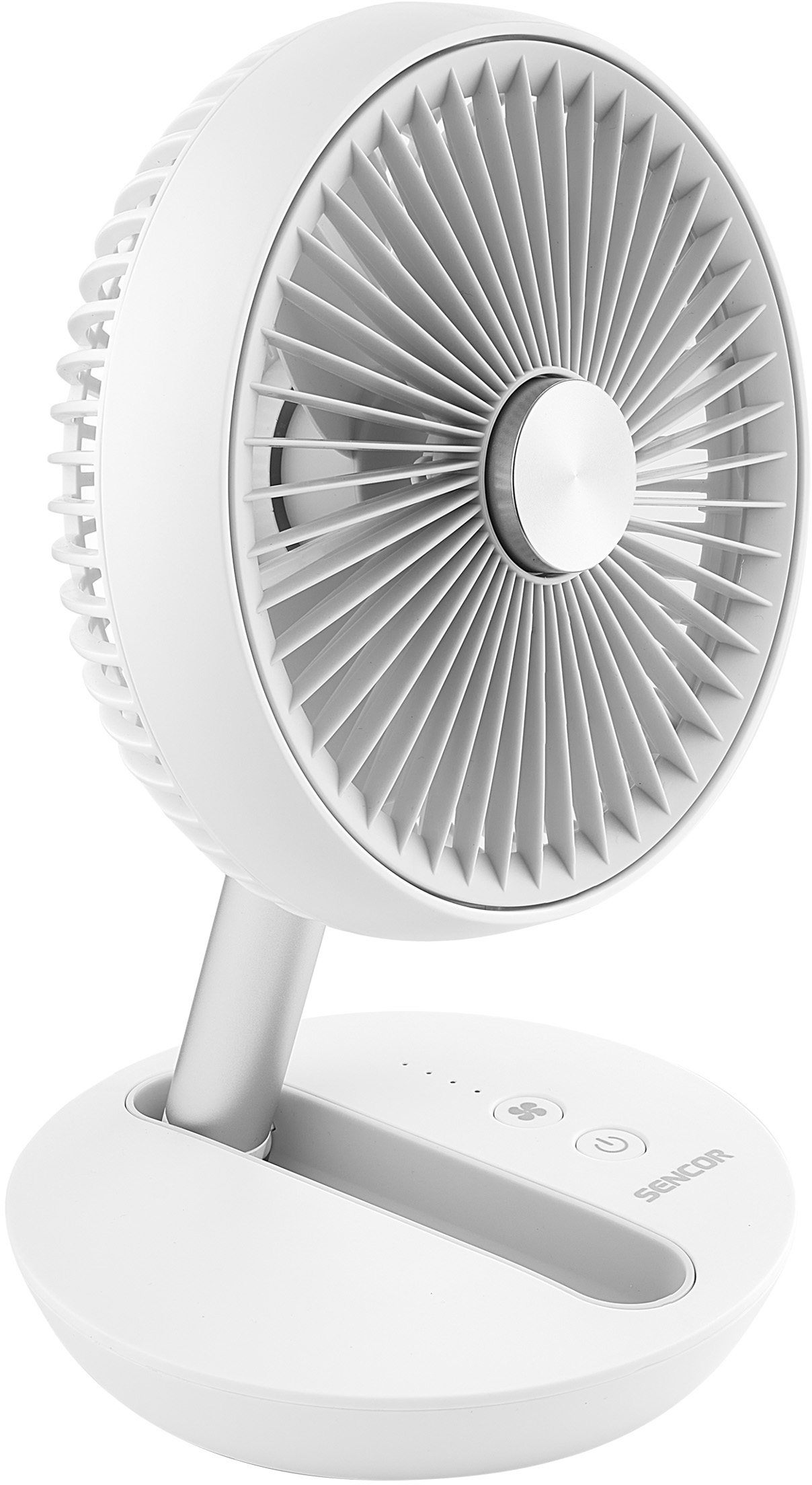 Fehér, modern ventilátor kerek alappal és fejjel, bekapcsoló és beállítás gombokkal.
