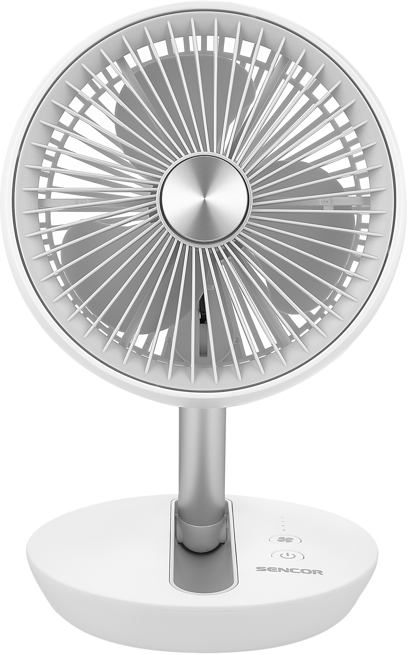 Fehér és ezüst asztali ventilátor. Kerek fejjel, ezüst szárral és kerek talppal.