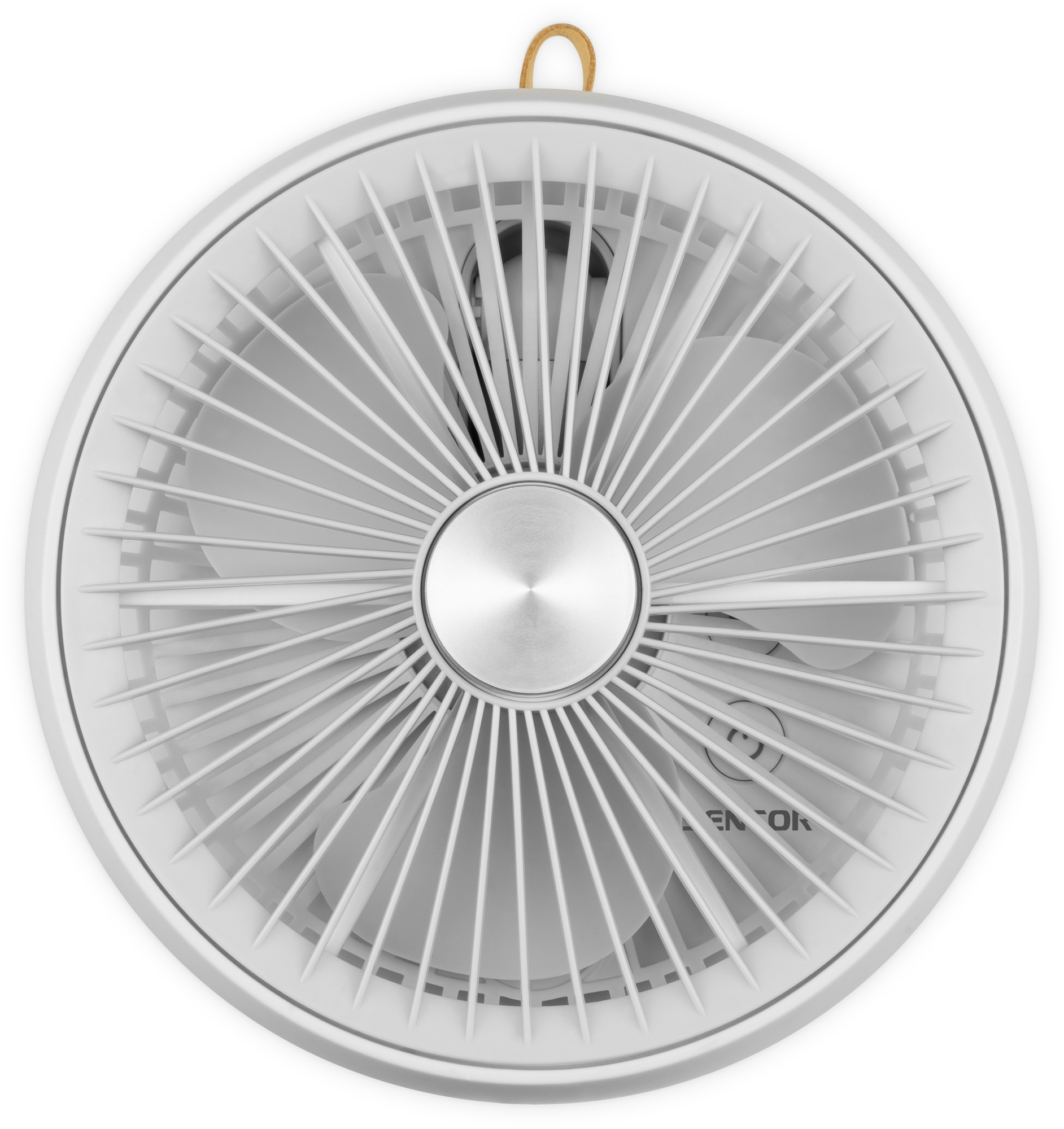 Felülnézet egy fehér ventilátorról, kör alakú kialakítással és lapátokkal. A ventilátor ezüst középső résszel és barna zsinórral rendelkezik.