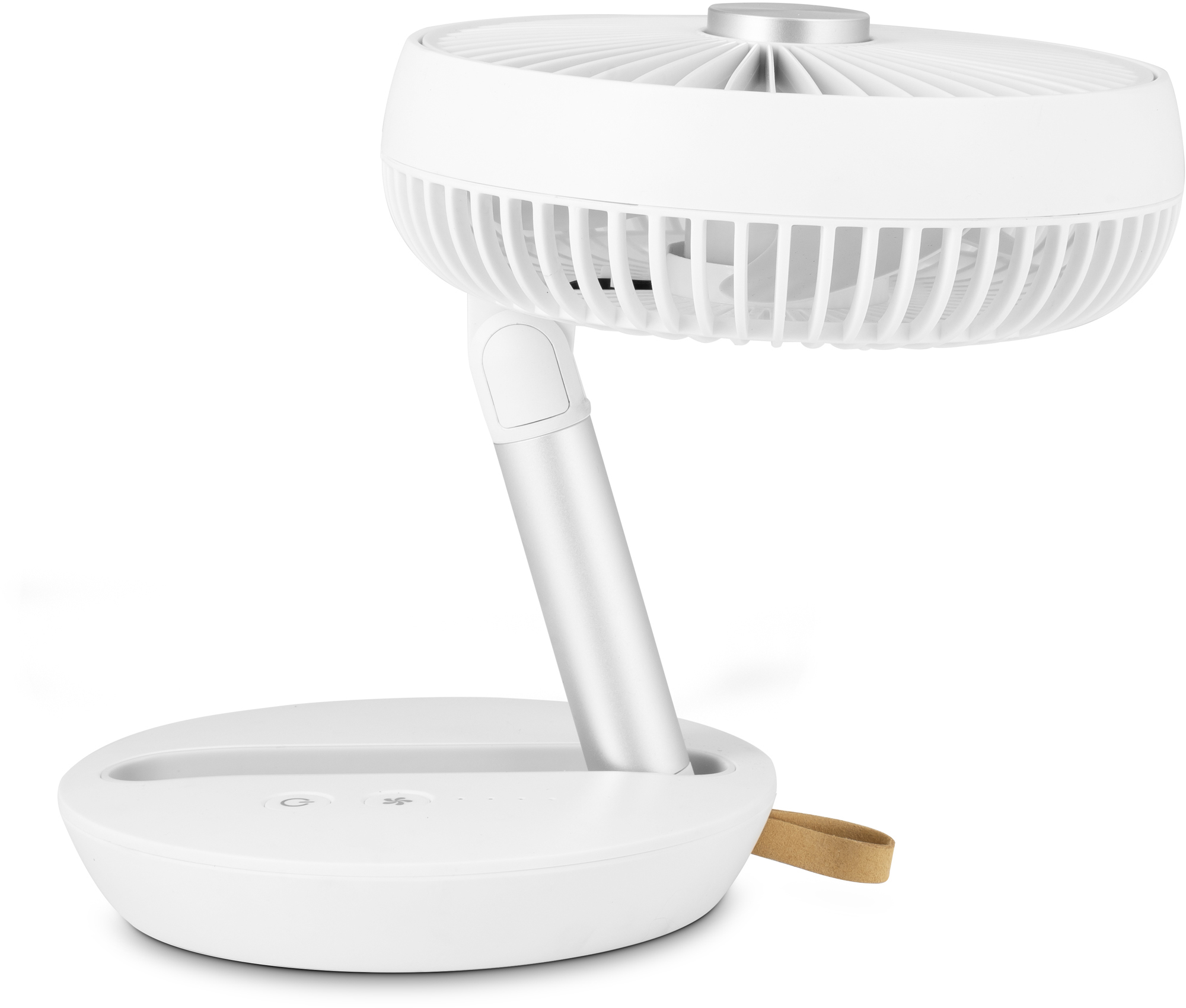 Fehér összecsukható ventilátor. Az alap és a ventilátorfej fehér. Ezüst tartókar. Bézs bőr szíj.