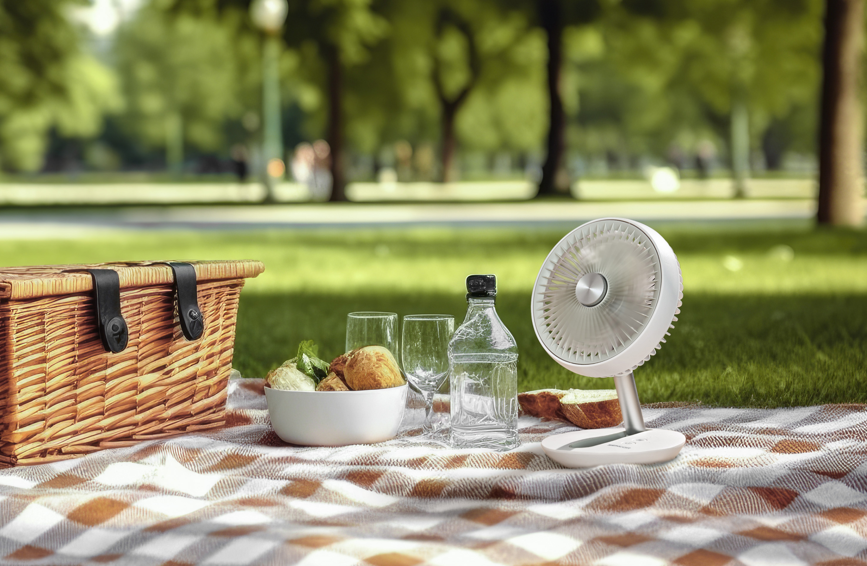 Piknik jelenet ventilátorral, ételekkel, italokkal és kockás takaróval.