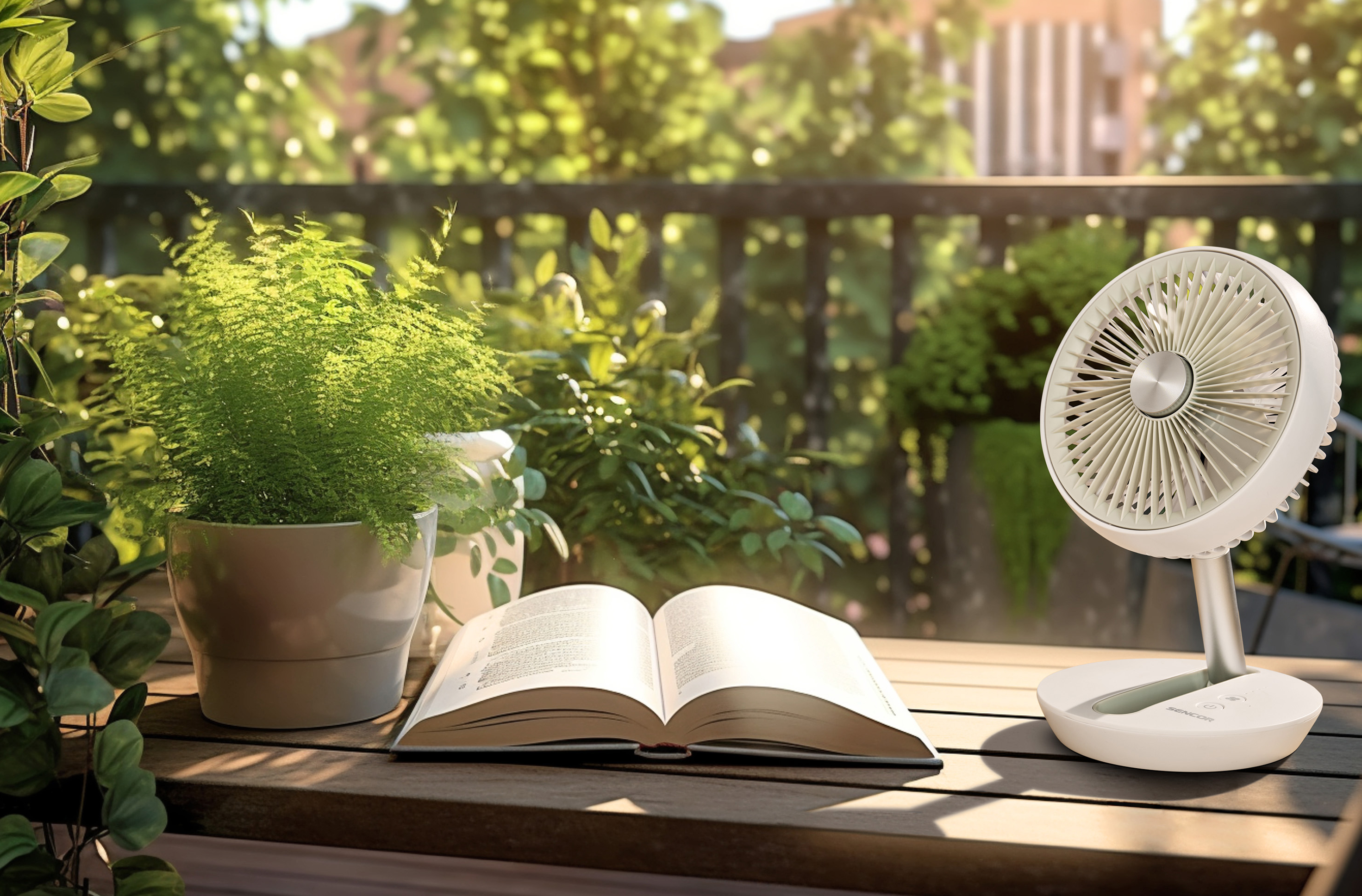 Egy ventilátor, egy nyitott könyv és egy cserepes növény egy fa asztalon a szabadban.