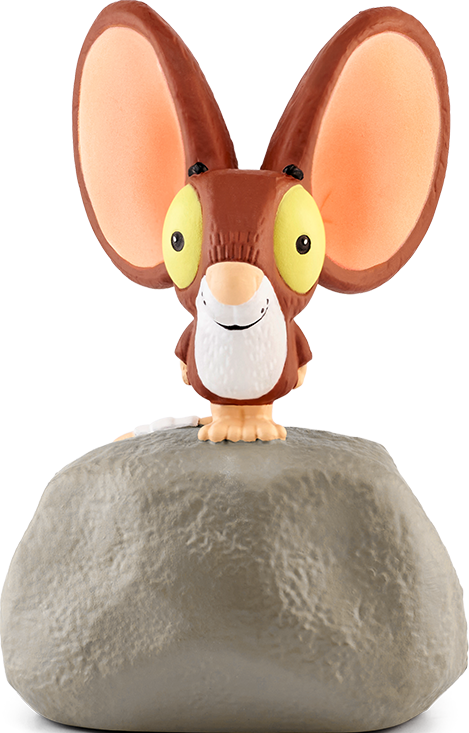 Eine Cartoon-Maus-Figur mit großen Ohren sitzt auf einem grauen Felsen.