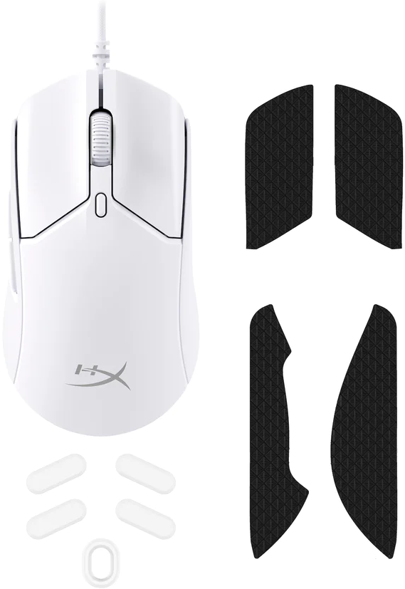 Weiße Gaming-Maus mit schwarzen Griffpads. Die Maus hat ein Scrollrad, Tasten und ein Logo.