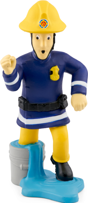Spielzeug-Feuerwehrmann in blauer Uniform, gelbem Helm und mit Wassereimer.