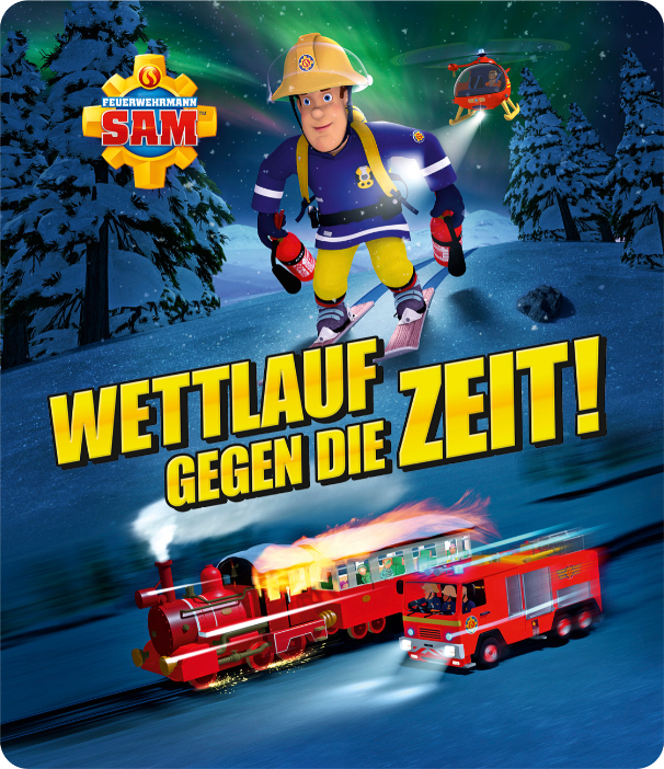 Feuerwehrmann Sam auf Skiern, roter Zug und Feuerwehrwagen in einer verschneiten Szene. Text: Wettlauf Gegen Die Zeit!
