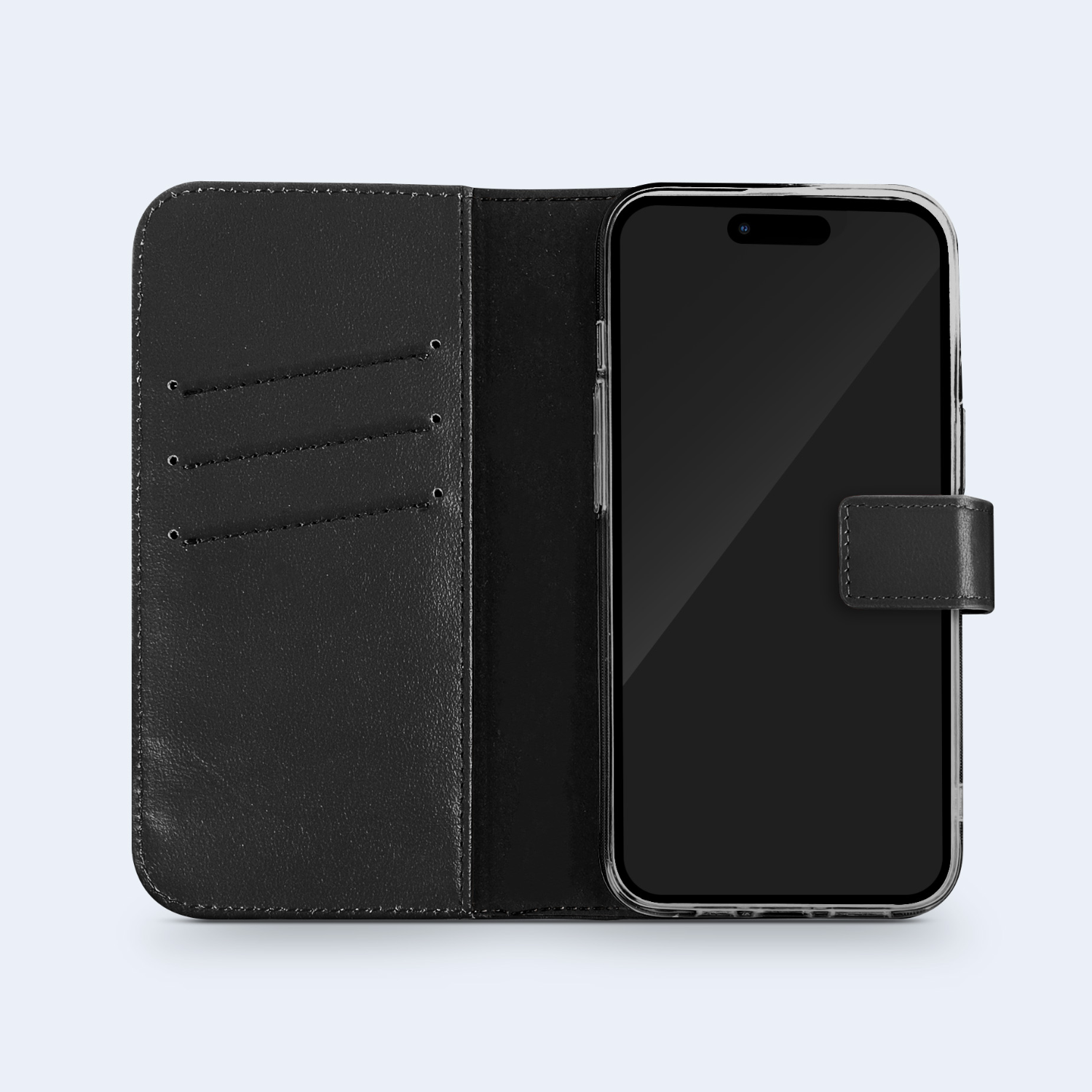 Een zwarte telefoonhoes met een portemonnee-ontwerp, open, met een telefoon erin.