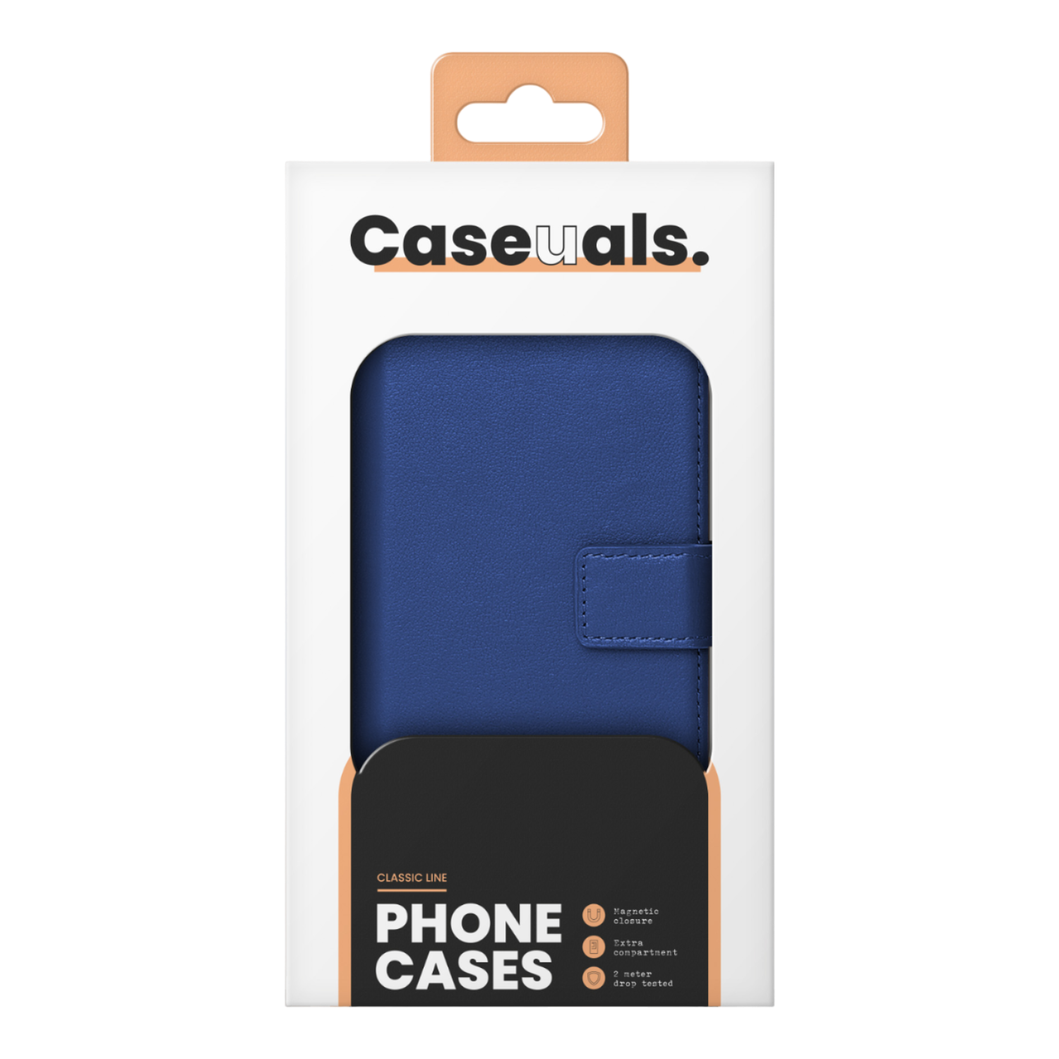 Blauwe telefoonhoes doos. Witte achtergrond. Merk: Caseuals. Telefoongrafiek.