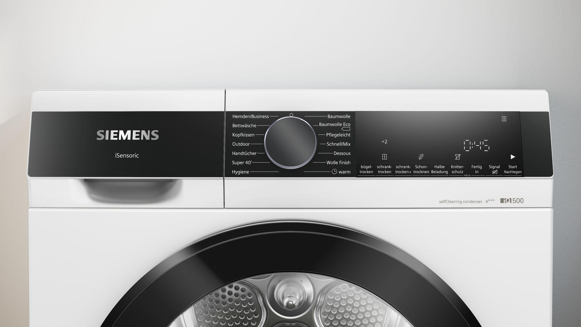 Siemens iSensoric Trockner-Bedienfeld. Zeigt verschiedene Einstellungen und eine Digitalanzeige.