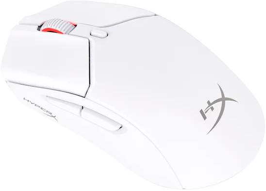 Un mouse da gioco HyperX bianco con rotella rossa e il logo HyperX.