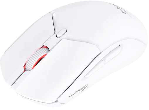 Mouse da gaming bianco con rotella rossa e logo HyperX.