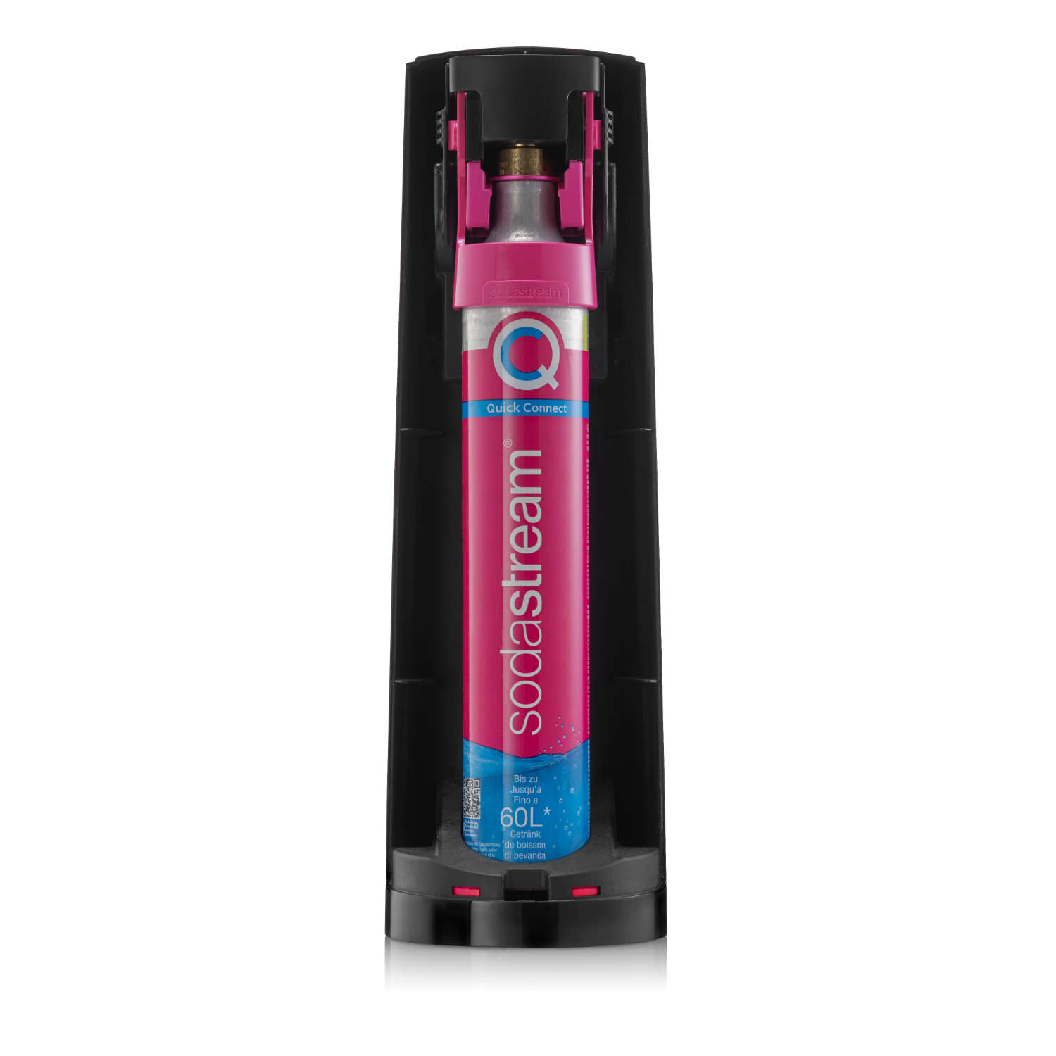 Roze en zwarte SodaStream-cilinder in een zwarte dispenser. Hij staat rechtop met een label.