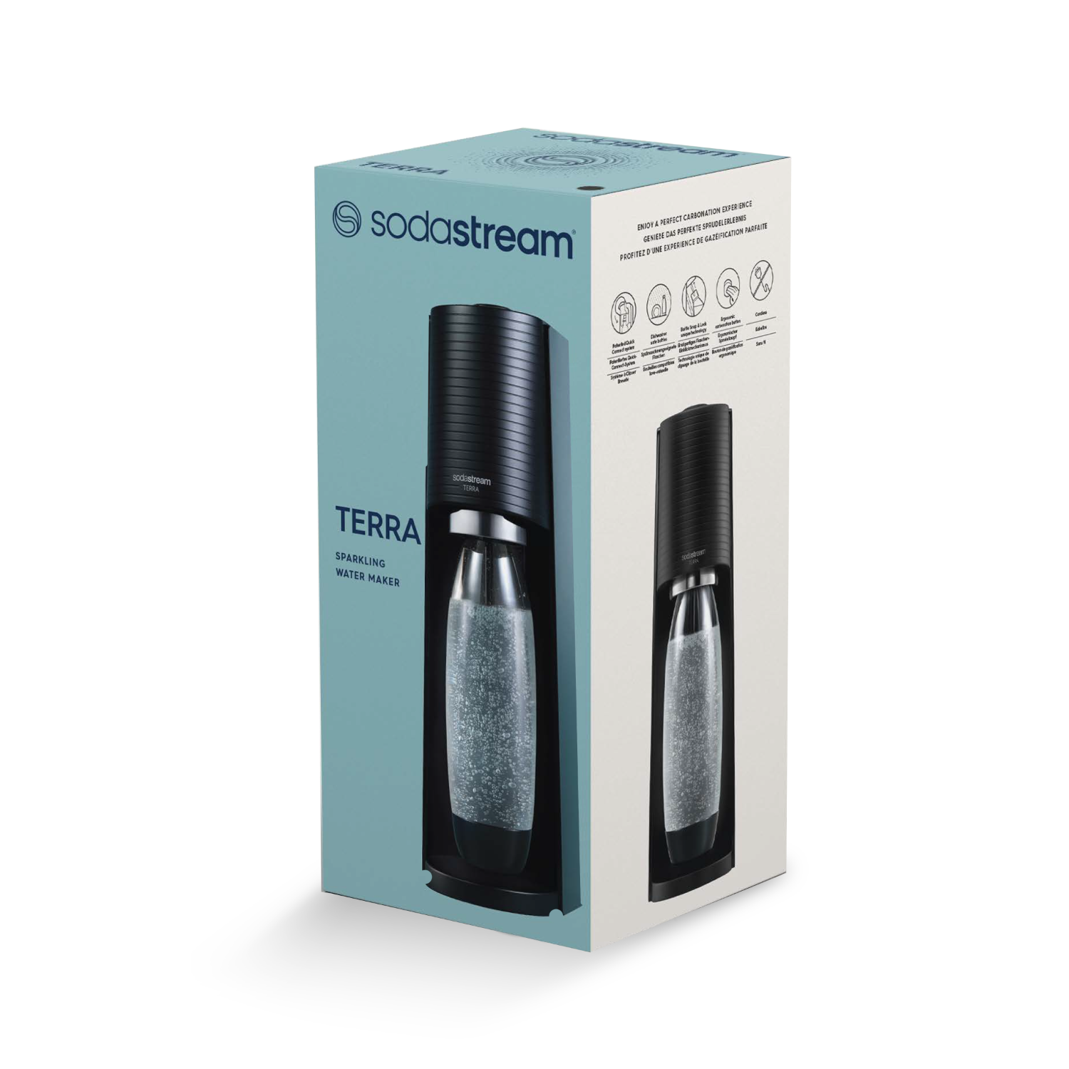 Een zwarte SodaStream Terra bruiswatermaker in de lichtblauwe doos, met tekst en iconen.