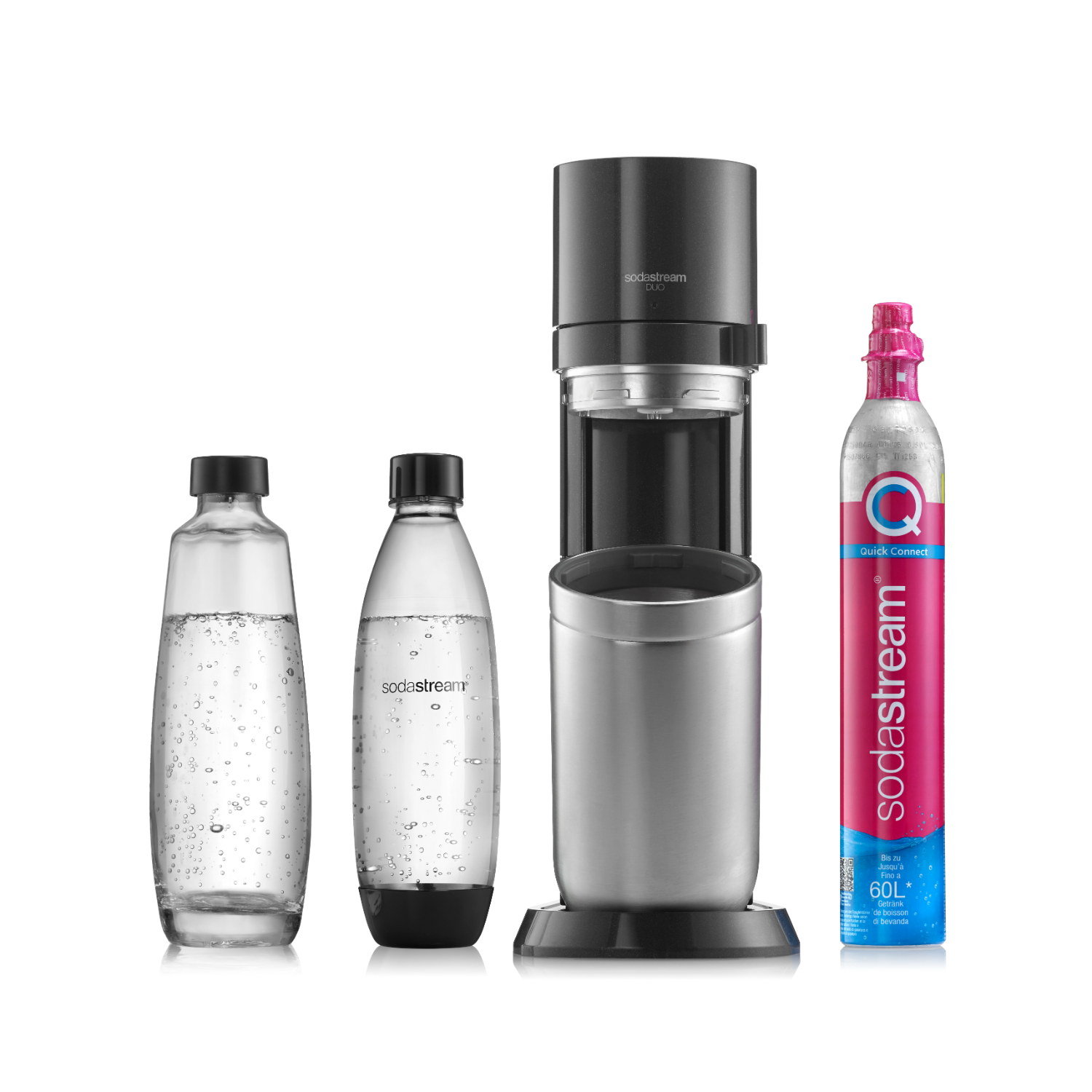 SodaStream-machine met twee flessen en een gasfles. Zwart en zilver zijn aanwezig.