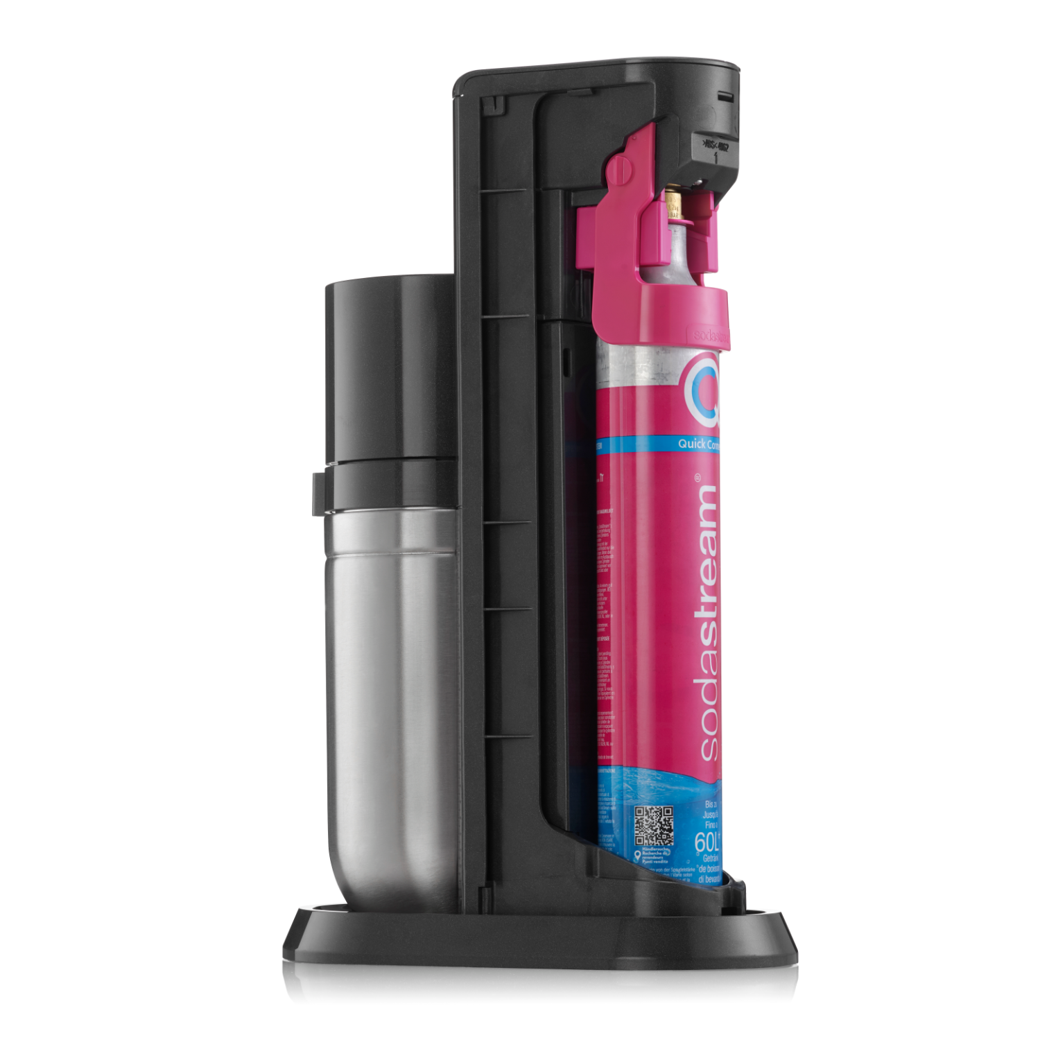 Een zwart-roze Sodastream-machine met een zilveren waterfles.