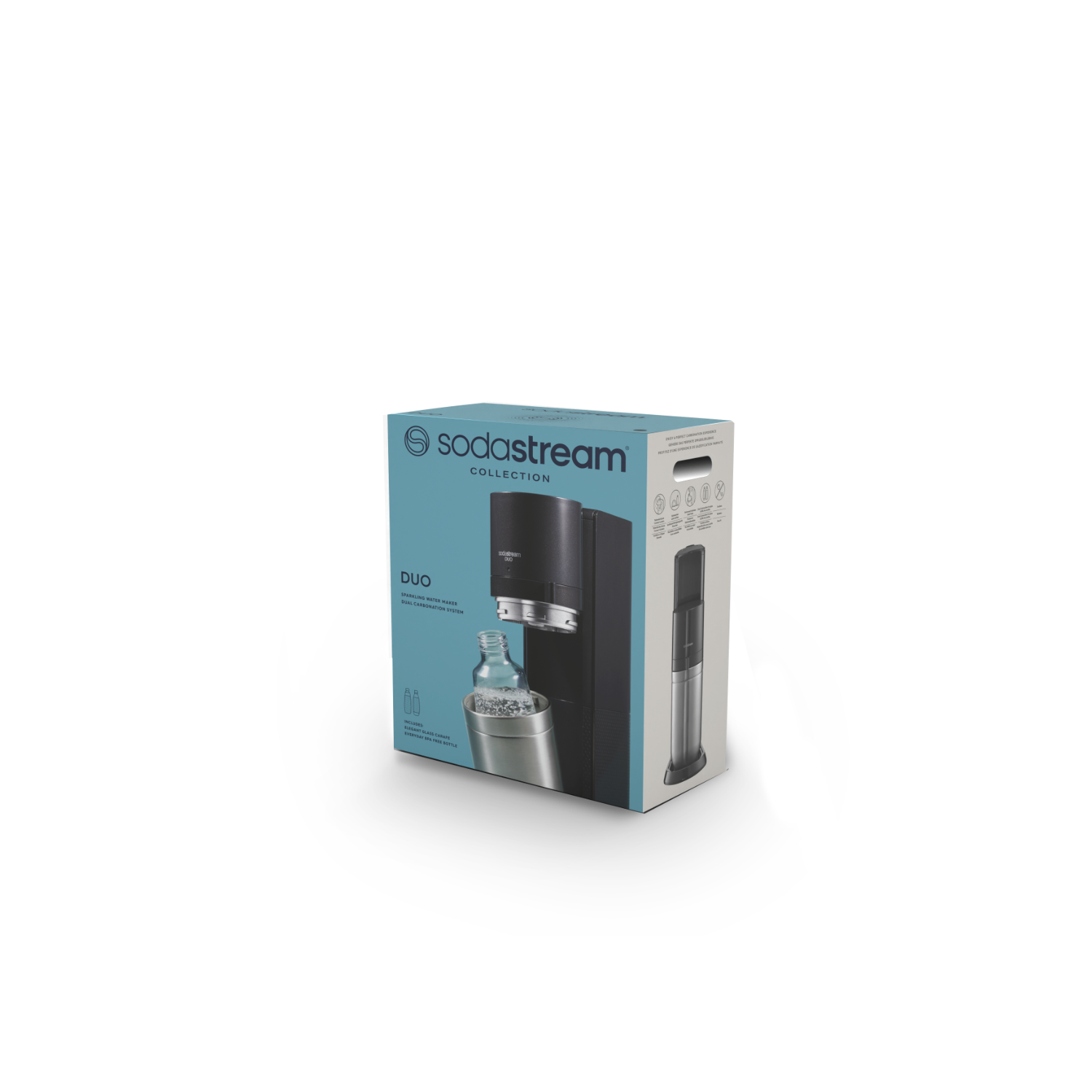 Een zwarte en zilveren SodaStream Duo bruiswatermaker in de doos op een zwarte achtergrond.