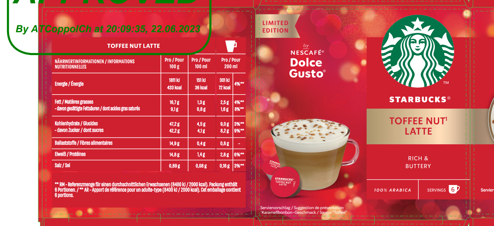 Starbucks Toffee Nut Latte Box. Nährwertangaben und ein Kaffee-Bild sind zu sehen.