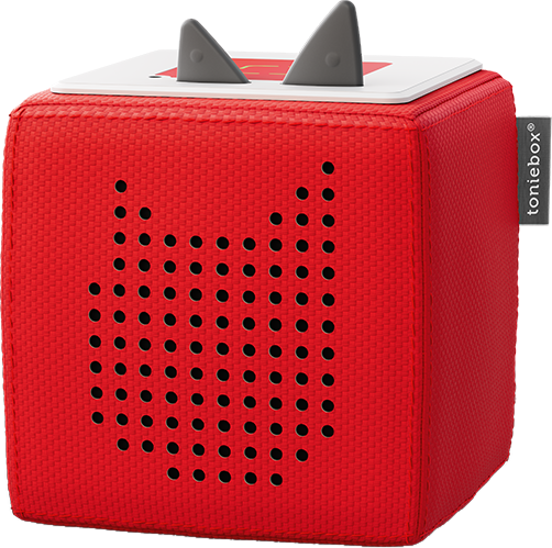 Roter Würfel mit Katzenmotiv, grauen Ohren und weißer Oberseite.