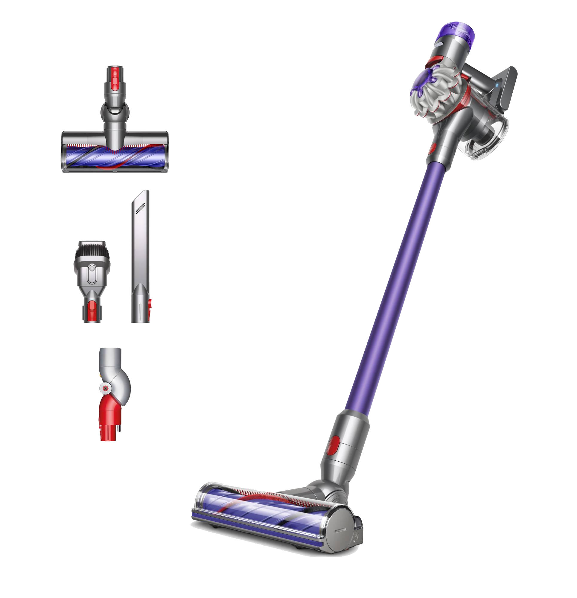 Una aspiradora Dyson inalámbrica, morada y plateada, con múltiples accesorios. Está sobre un fondo negro, aislado.