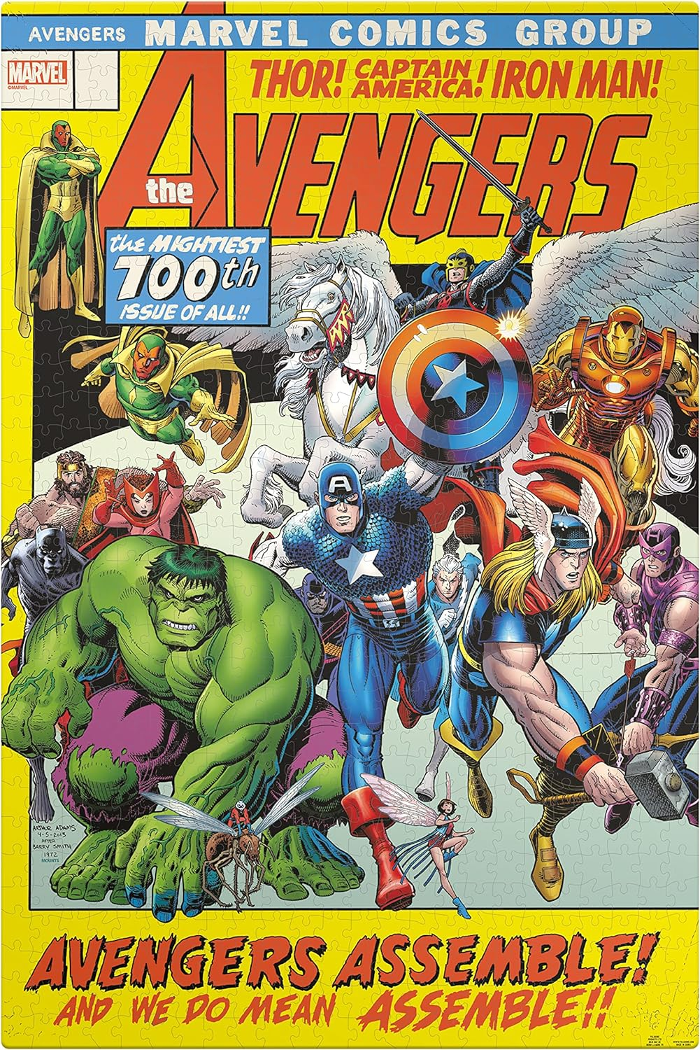 Bosszúállók képregény borító: Hulk, Amerika Kapitány, Thor, Vasember és Vízió harcol.
