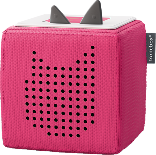 Rosa Toniebox mit Katzenohren. Die Box hat ein Katzen-Gesicht vorne und einen weißen Deckel.