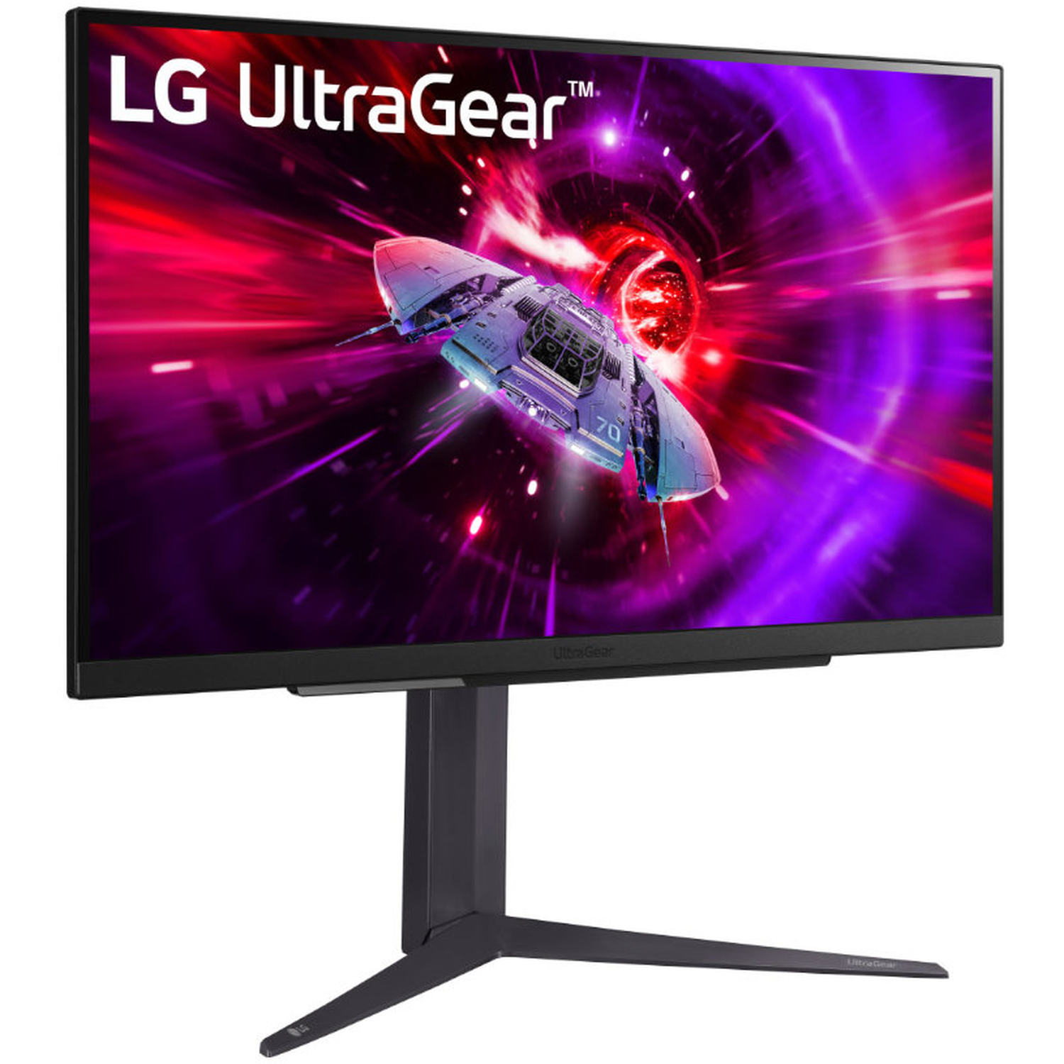 LG UltraGear monitor shows a spaceship in a purple and red tunnel. The monitor is on a black stand.
