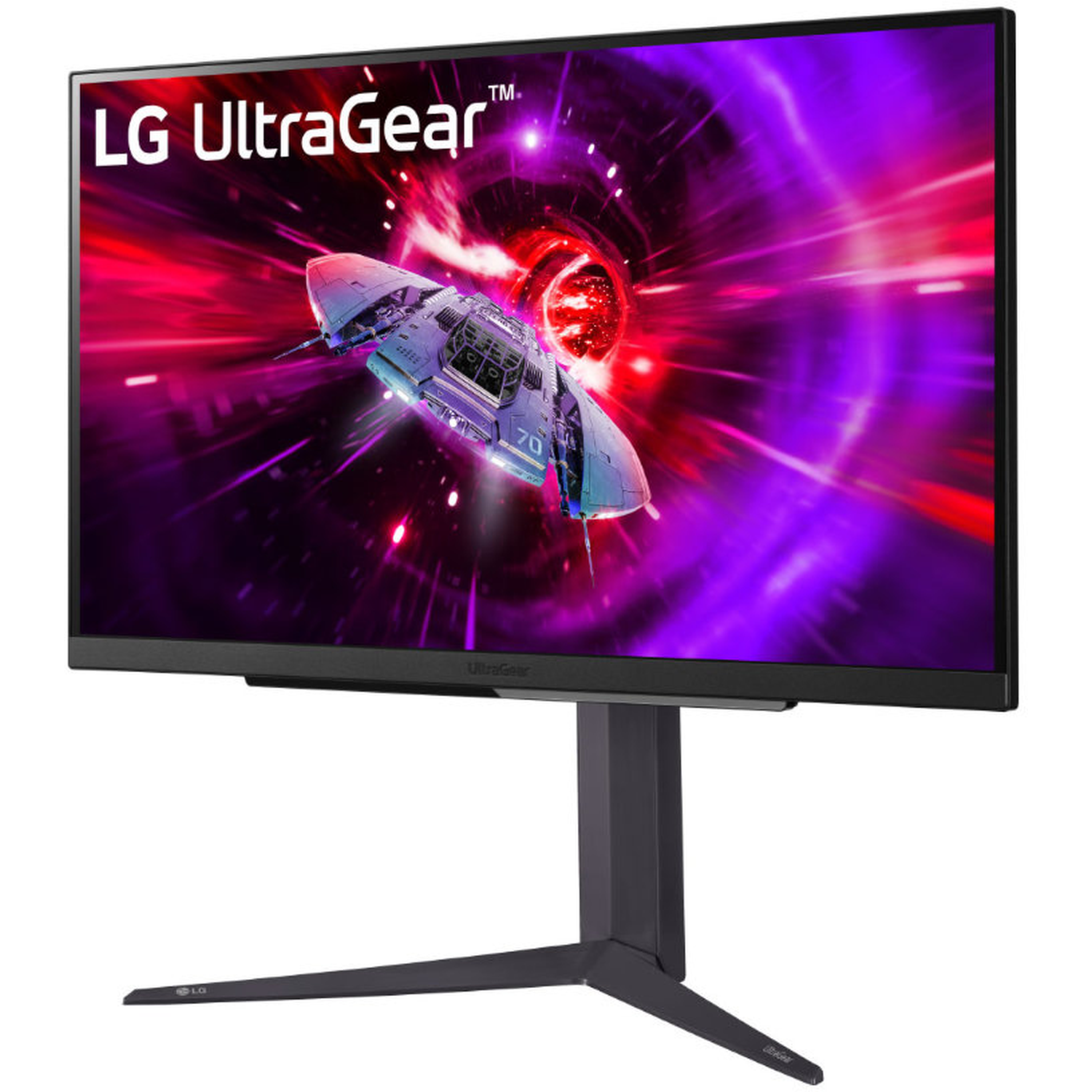 An LG UltraGear monitor shows a spaceship in a red and purple space tunnel. The monitor is on a black stand.