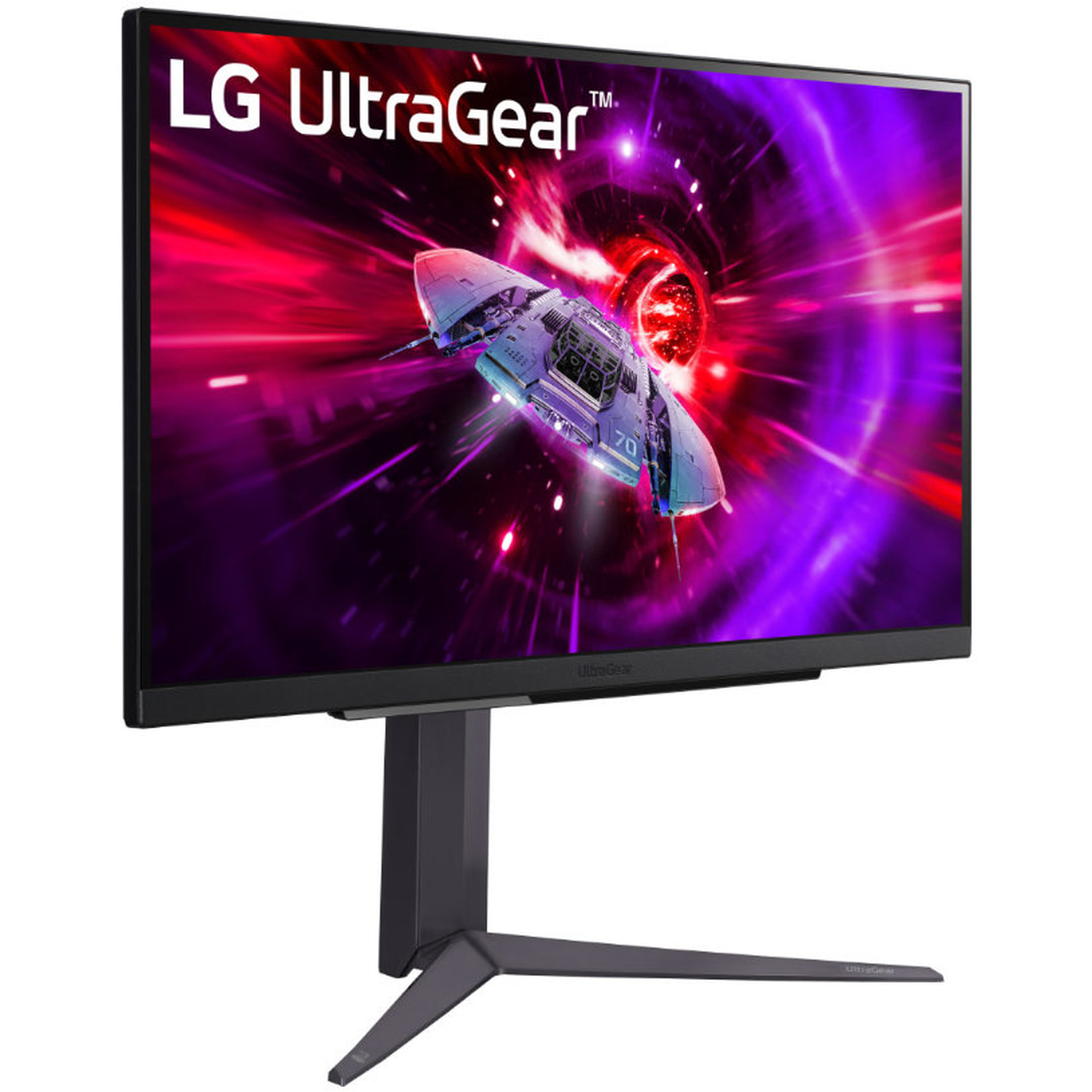 LG UltraGear monitor displays a spaceship in a purple and red abstract background. The monitor is on a black stand.