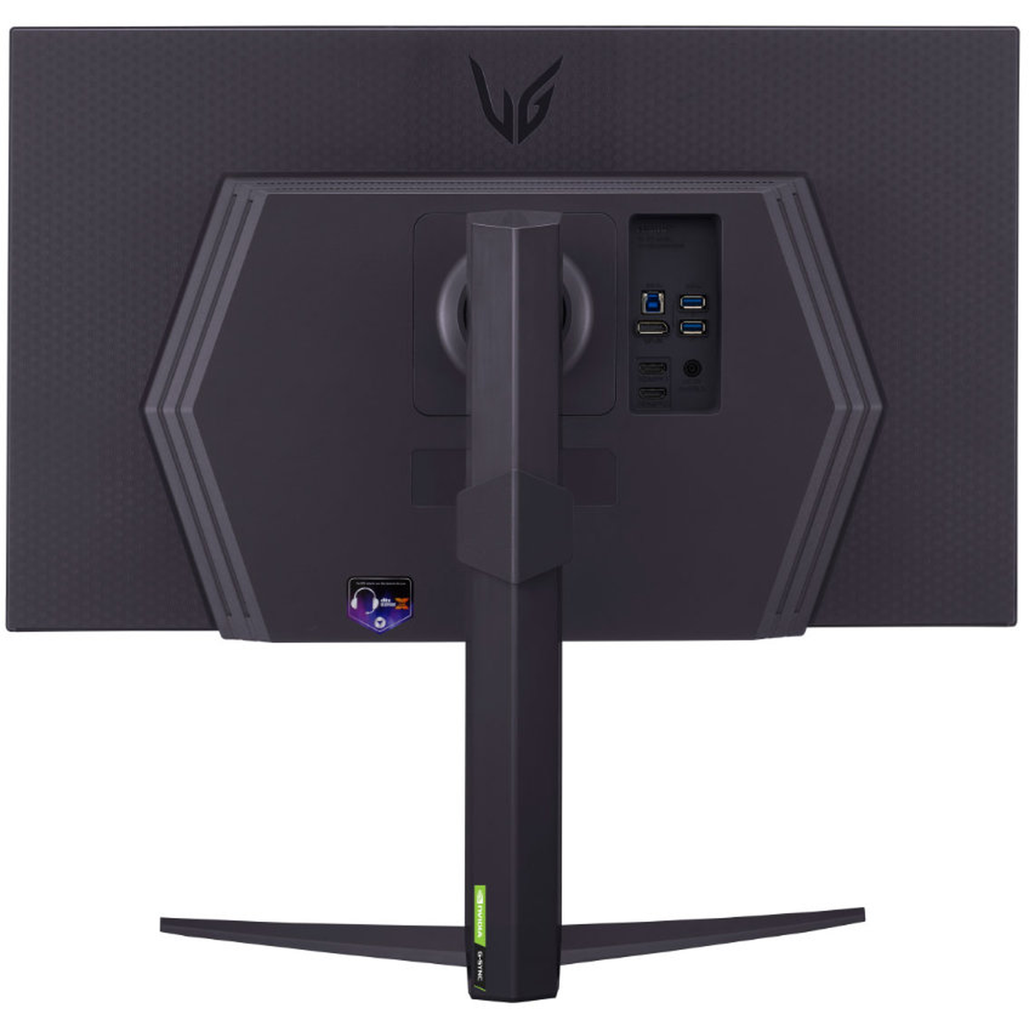 The back of a black computer monitor. It has a stand, ports, and a logo at the top. The stand has a green G-sync sticker.
