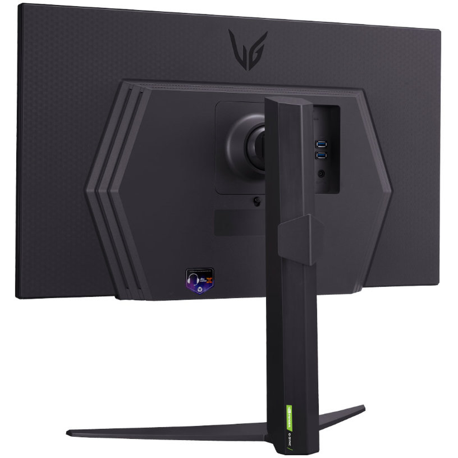 The back of a black computer monitor is shown. It has a stand and ports. LG logo is visible on the top.