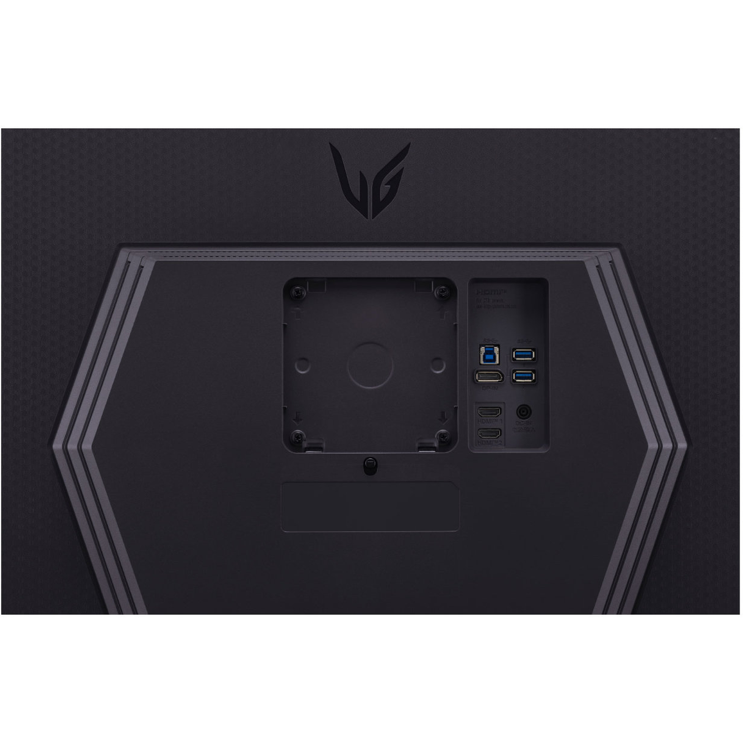 The back of a black LG monitor with ports for HDMI, DP, and USB. The LG logo is at the top. Hexagonal pattern on the left.