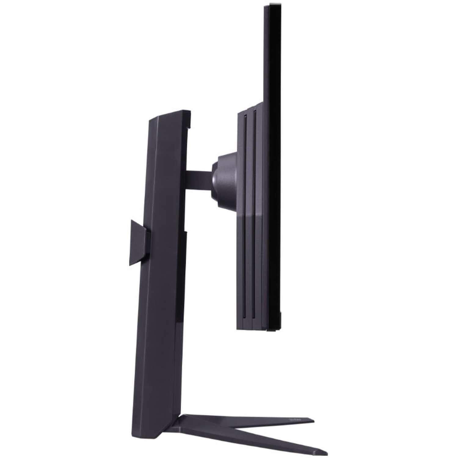 Side view of a black computer monitor with a stand, isolated against white.