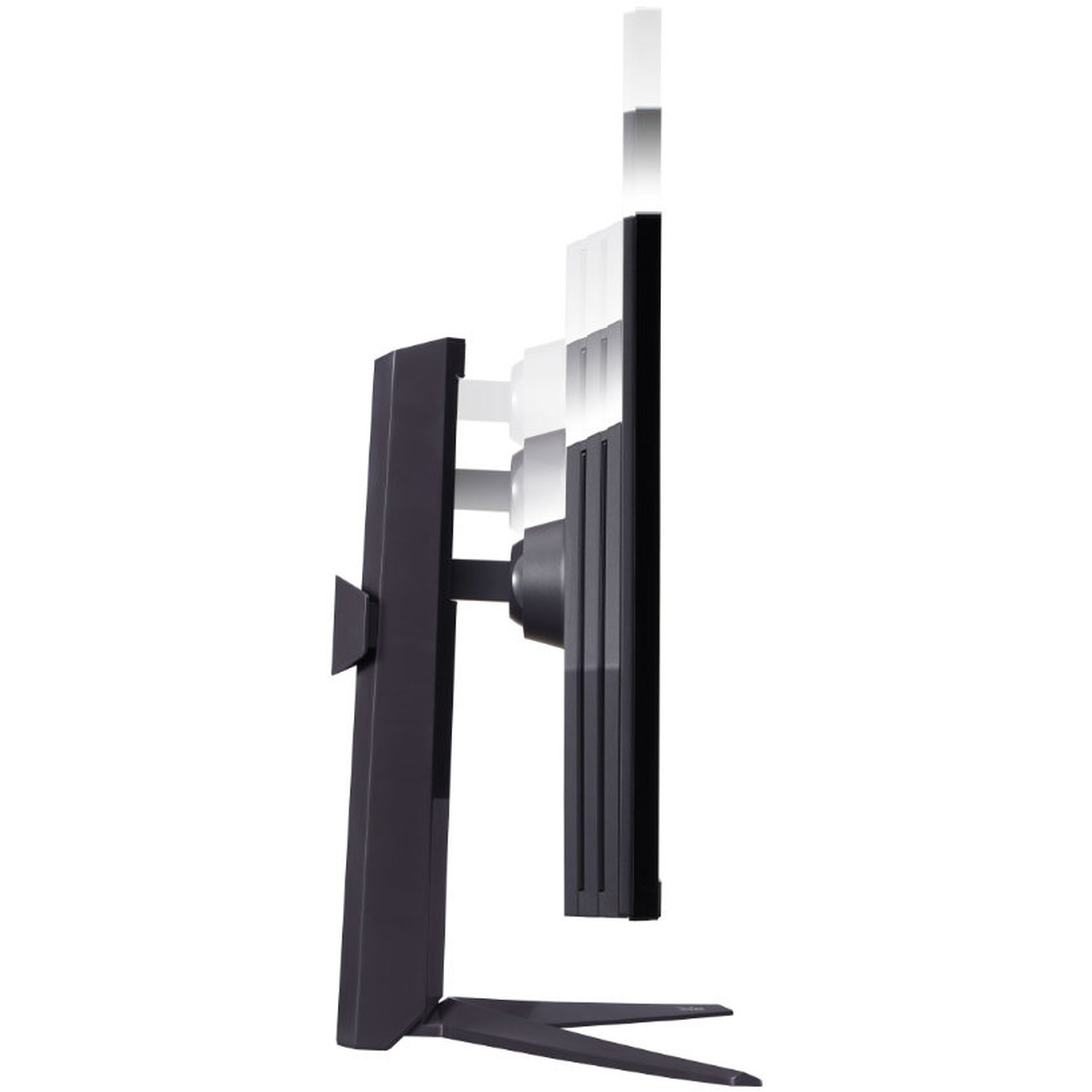 Side view of a black computer monitor. The screen is black, with a stand and adjustable arm.