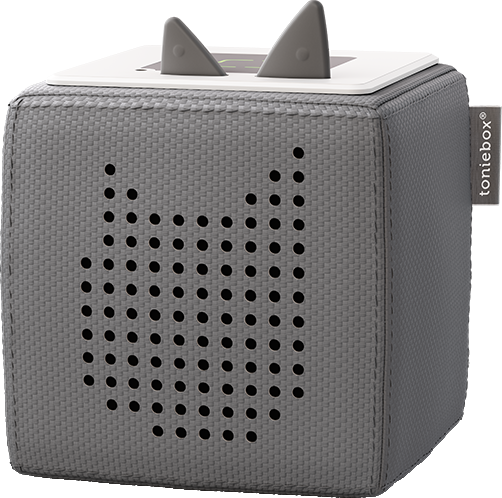 Graue Toniebox mit Katzenohren oben. Hat einen Lautsprechergrill mit Katzen-Gesicht.