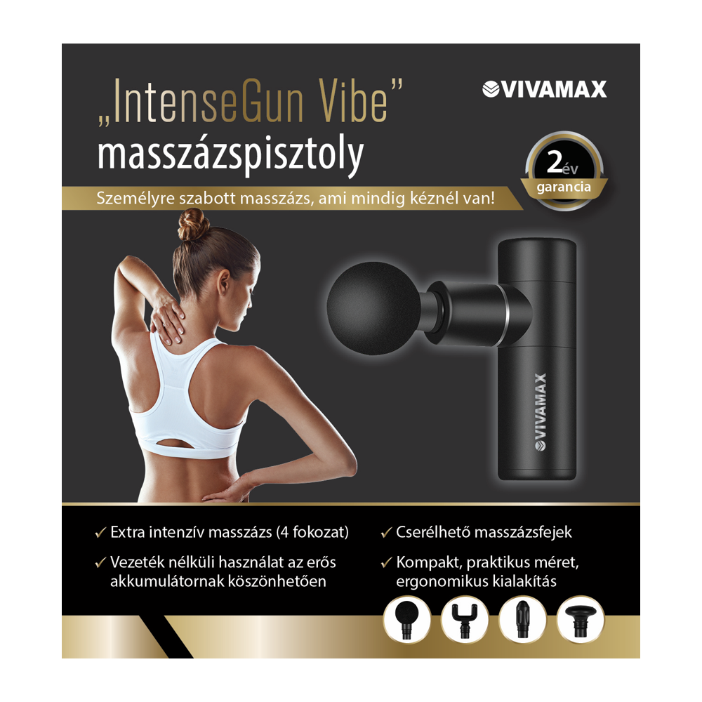 Nő masszázspisztollyal, szöveggel a masszázsról és annak előnyeiről. Fekete eszköz.