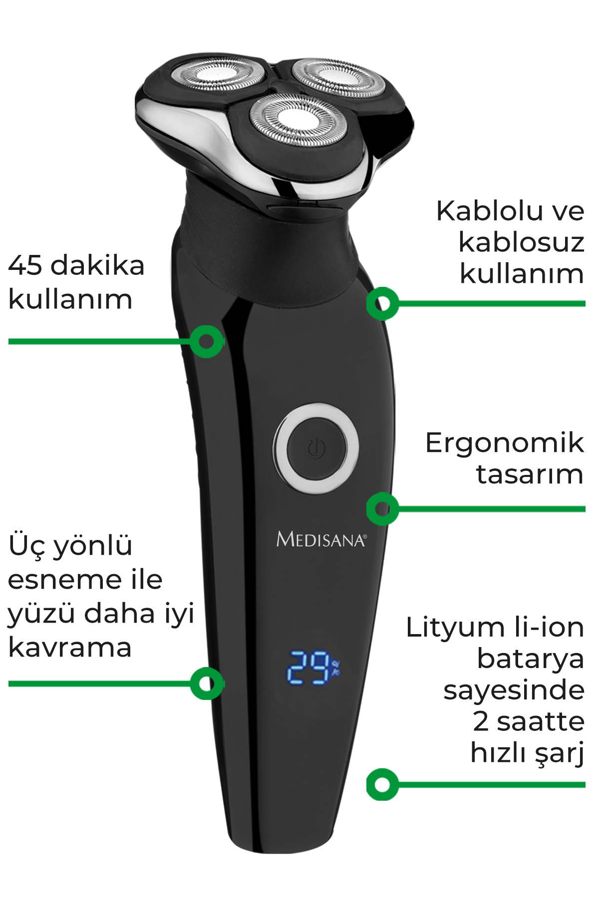 Metin etiketleri ve dijital bir ekranı olan siyah bir Medisana elektrikli tıraş makinesi.