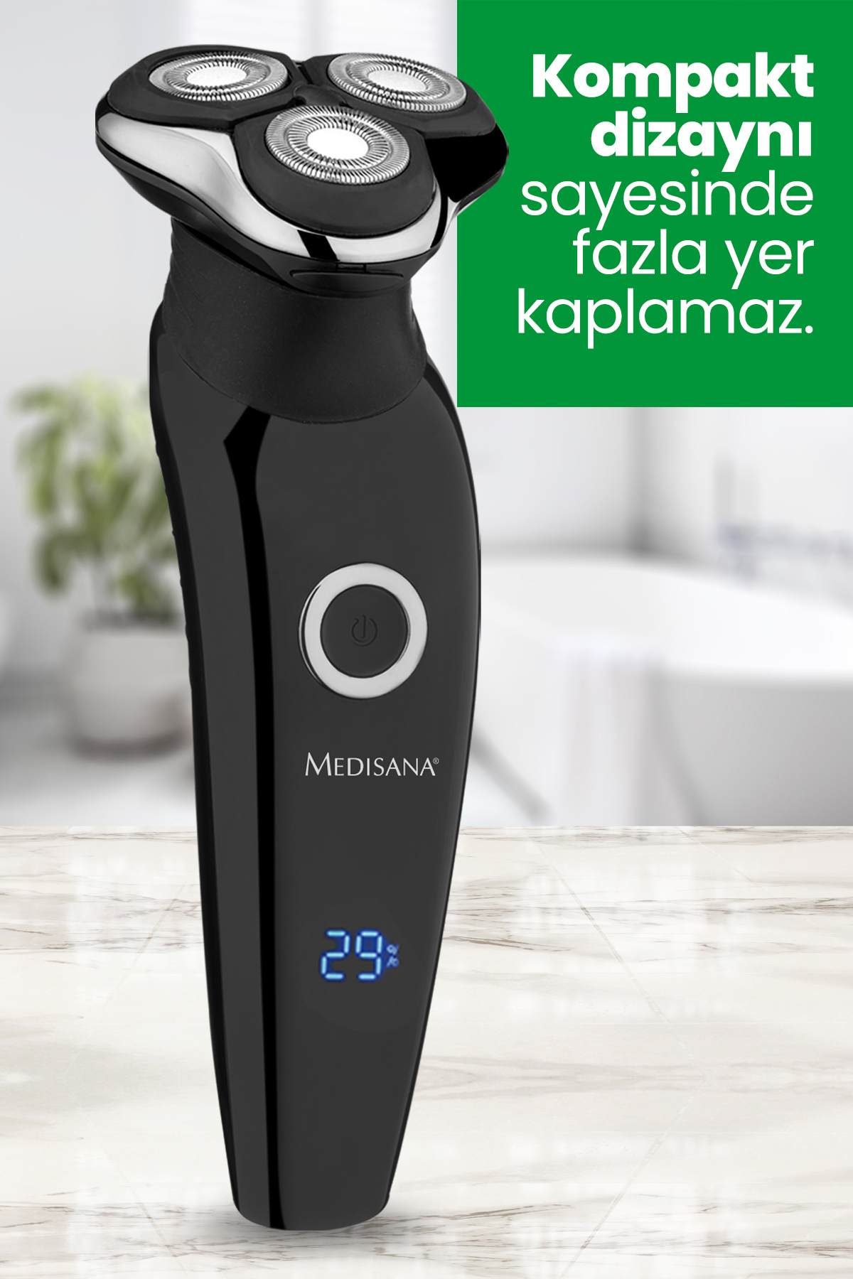 Yeşil bir arka plan ve 29 sayısı ile mermer bir yüzeyde siyah bir Medisana elektrikli tıraş makinesi.