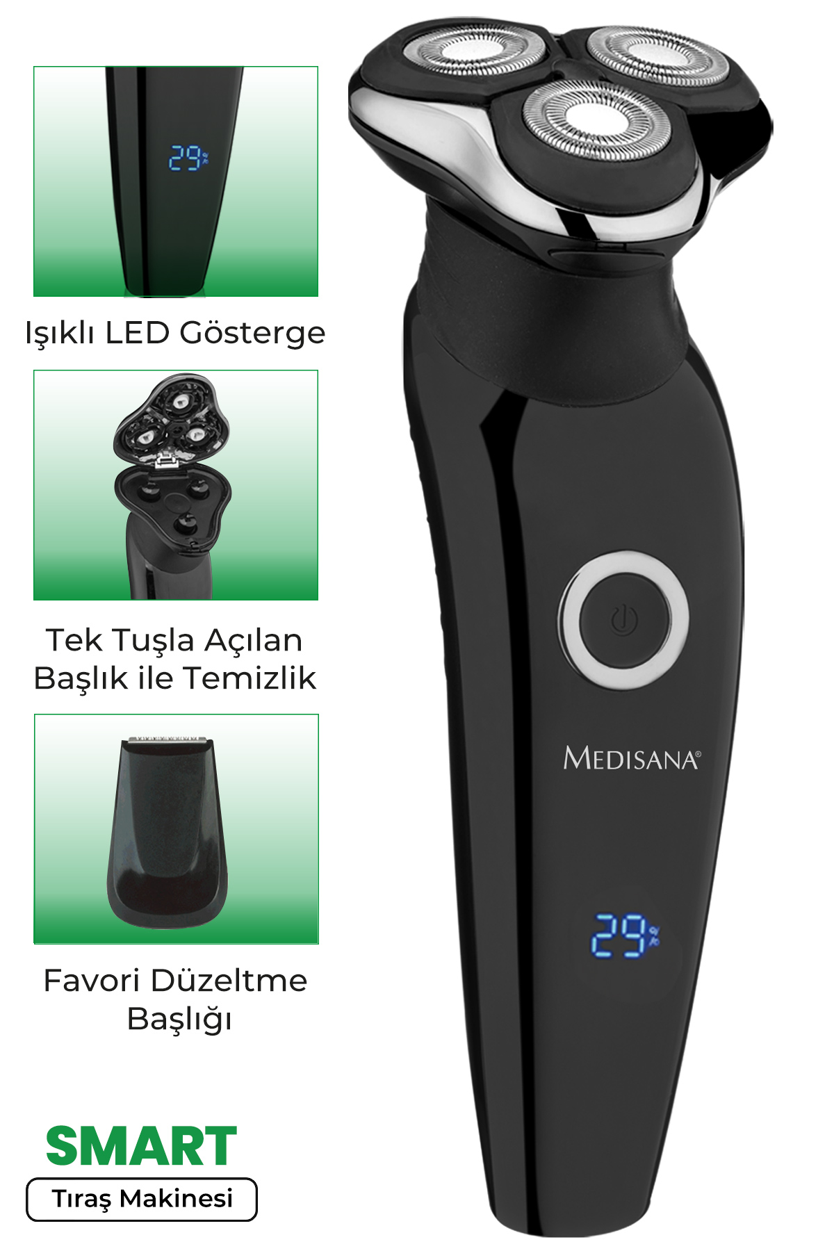 Çoklu ekran panelleri olan siyah ve gümüş elektrikli tıraş makinesi.