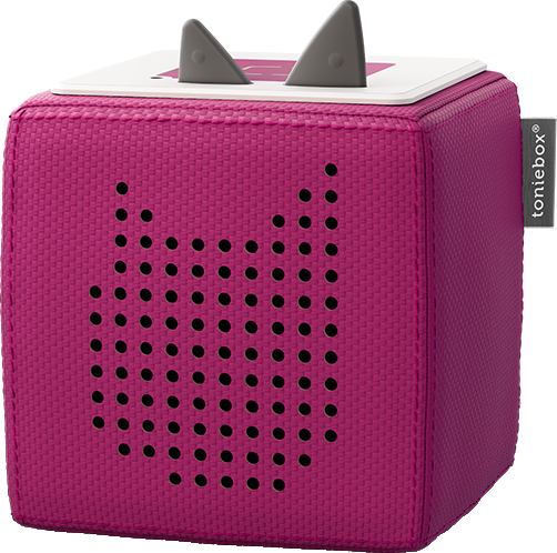 Eine pinkfarbene, würfelförmige Toniebox mit katzenartigen Ohren, zum Abspielen von Inhalten.