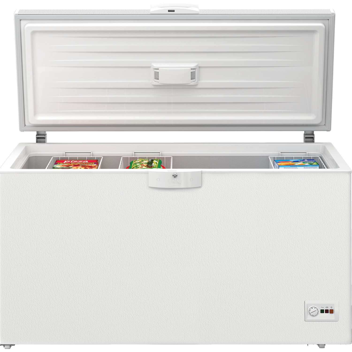 White chest freezer with the lid open. Inside are baskets of frozen goods. The freezer is large.