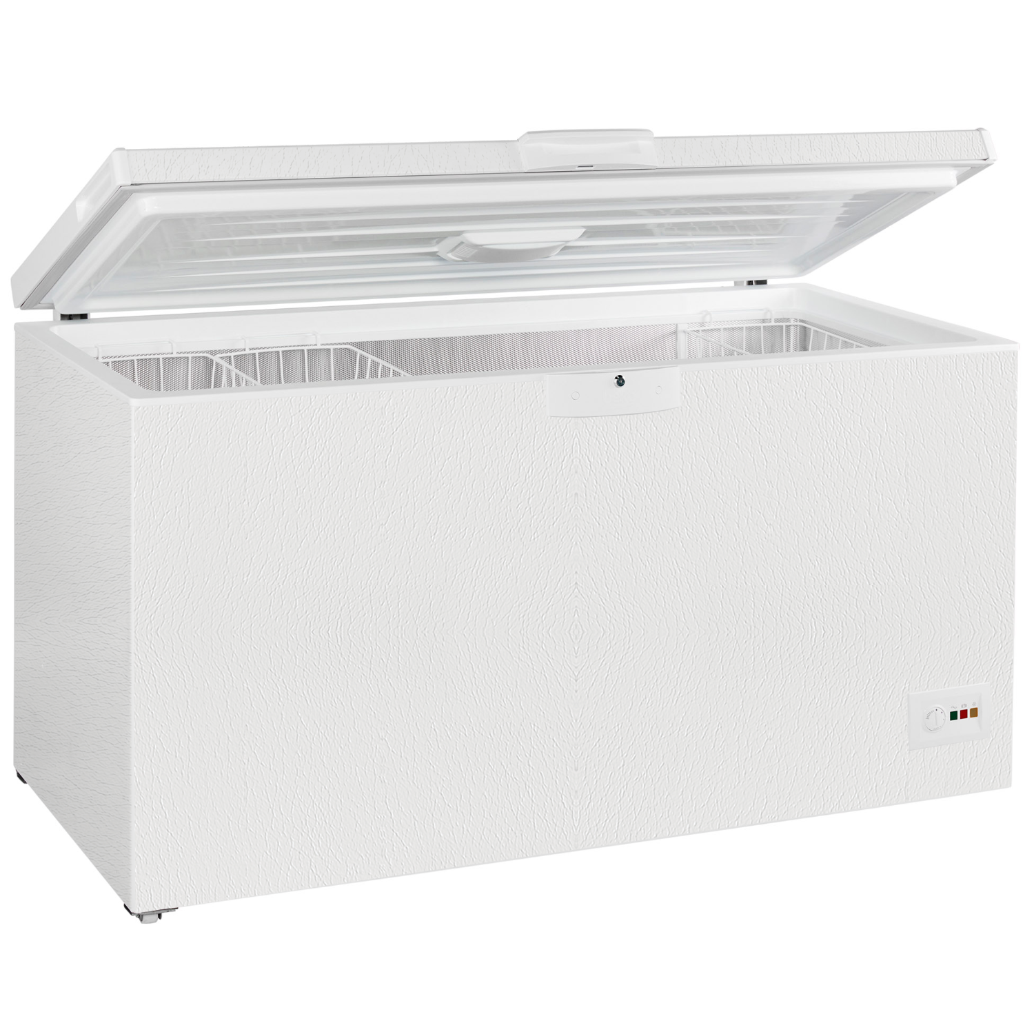 A white chest freezer with the door open, revealing the interior.