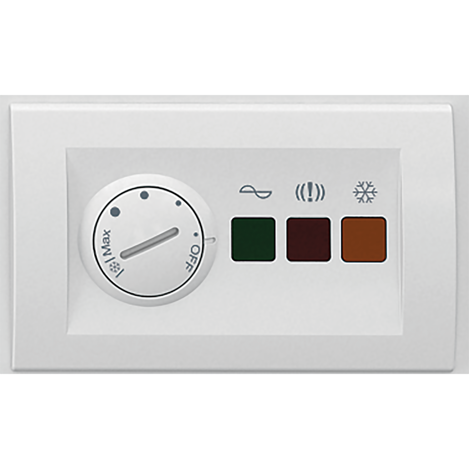 A white control panel with a knob and colored lights.