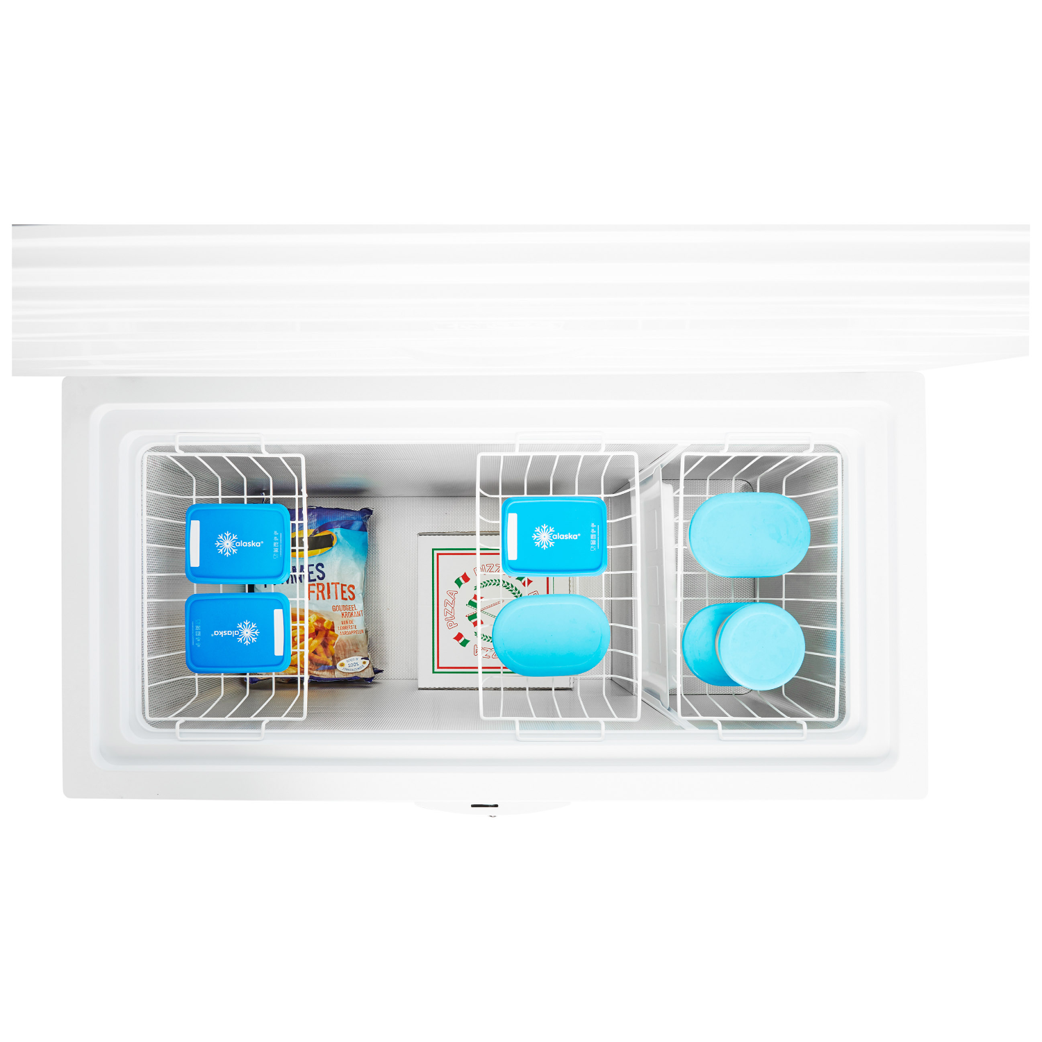 Open white freezer with shelves, containing blue ice packs, a bag of fries, and a pizza box.