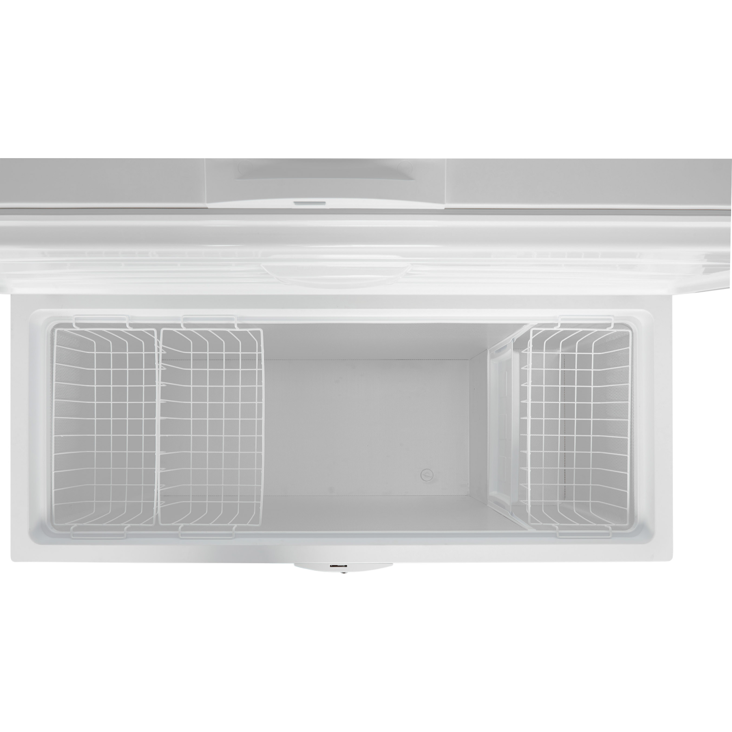 An open white chest freezer with wire basket dividers inside, seen from above. The interior is empty.