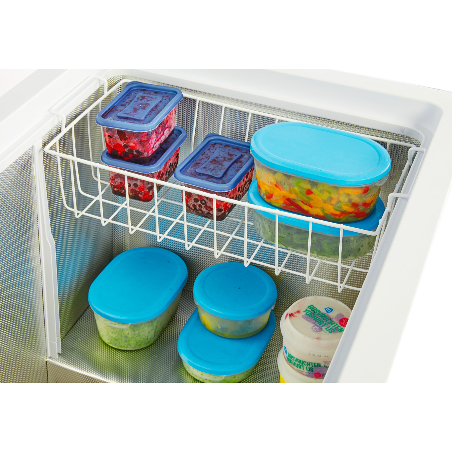Freezer interior with containers of food on a wire shelf. Blue and red lids.