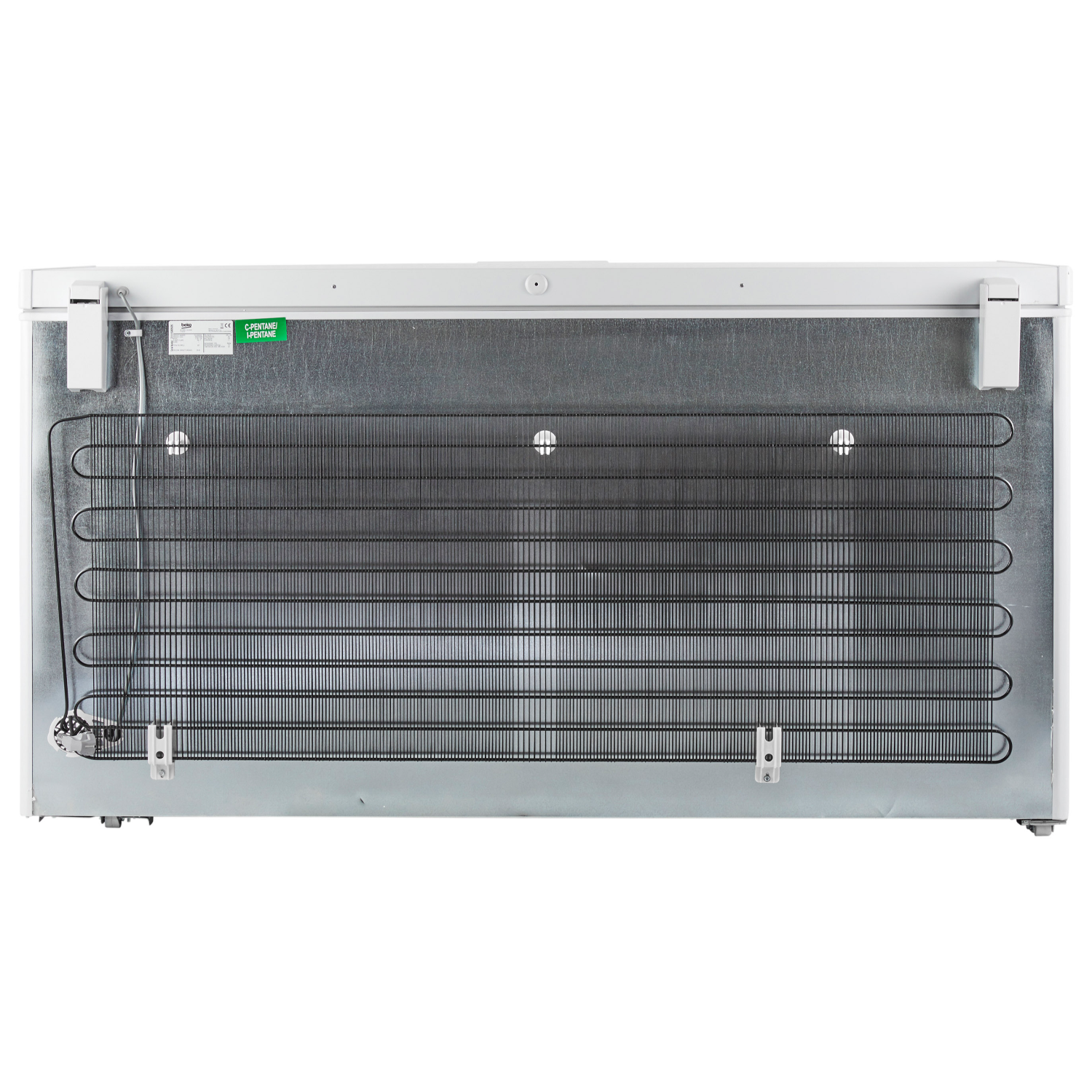 Back view of a white chest freezer. Shows the coils and components.  The back is gray metal.