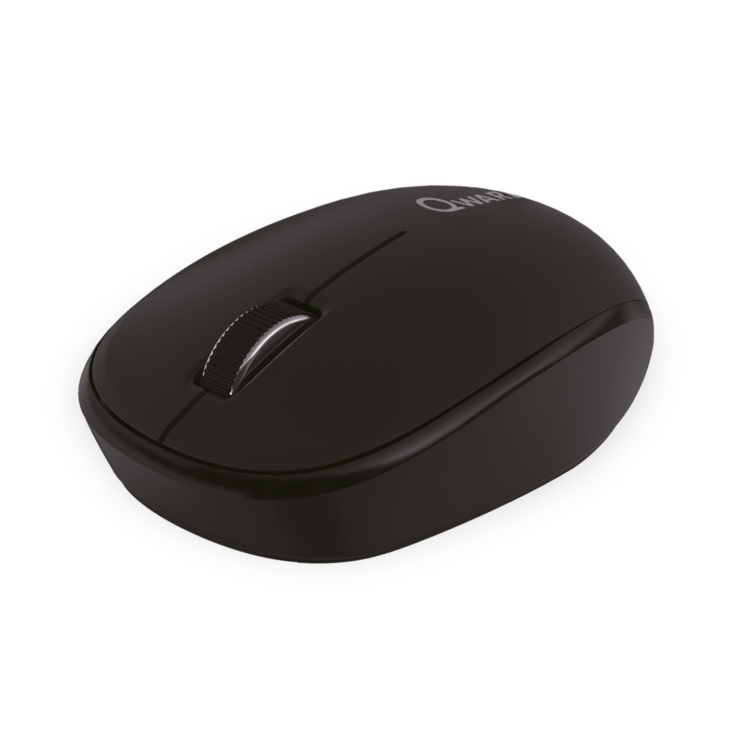Black wireless mouse on a black background. The mouse has a scroll wheel and a brand logo.