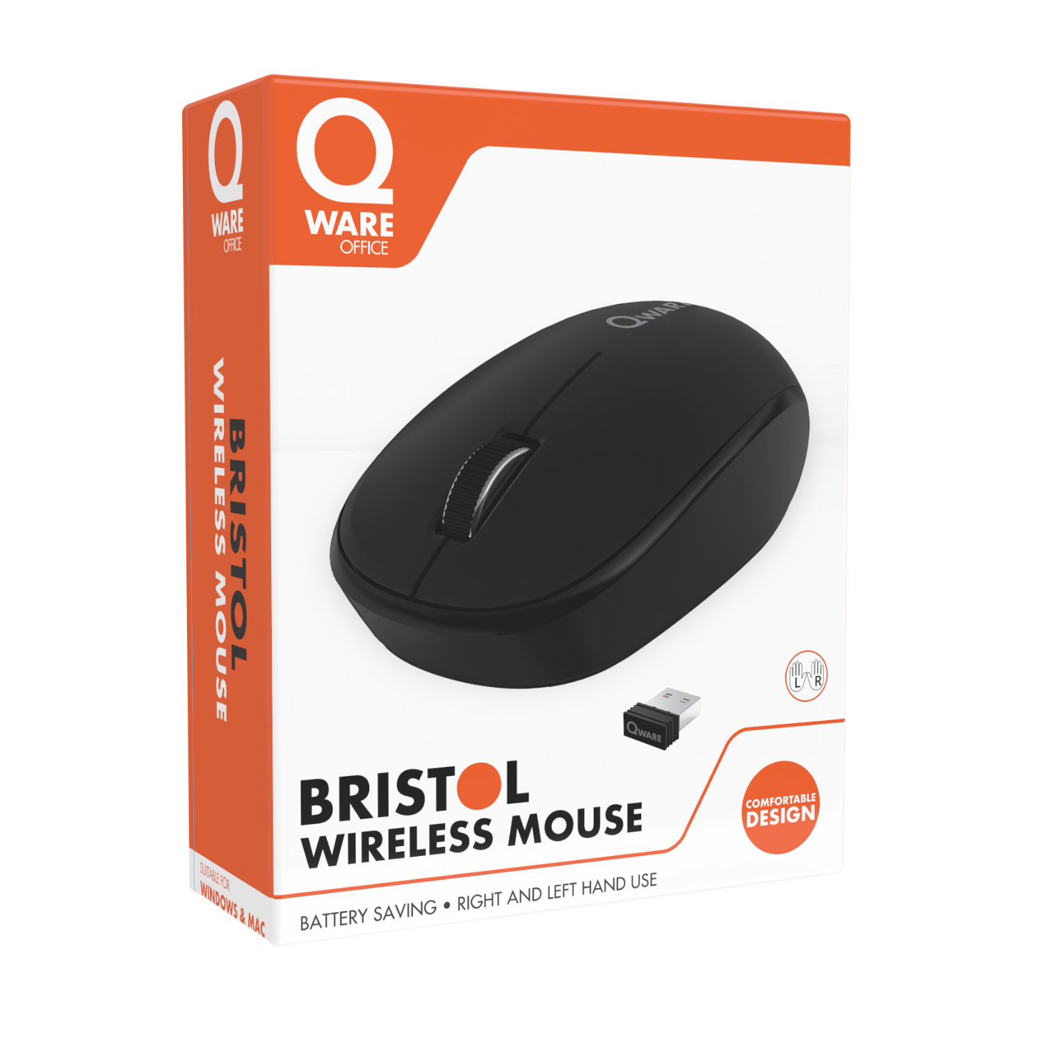 Black wireless mouse in its packaging. The packaging is red and white with text describing the mouse.