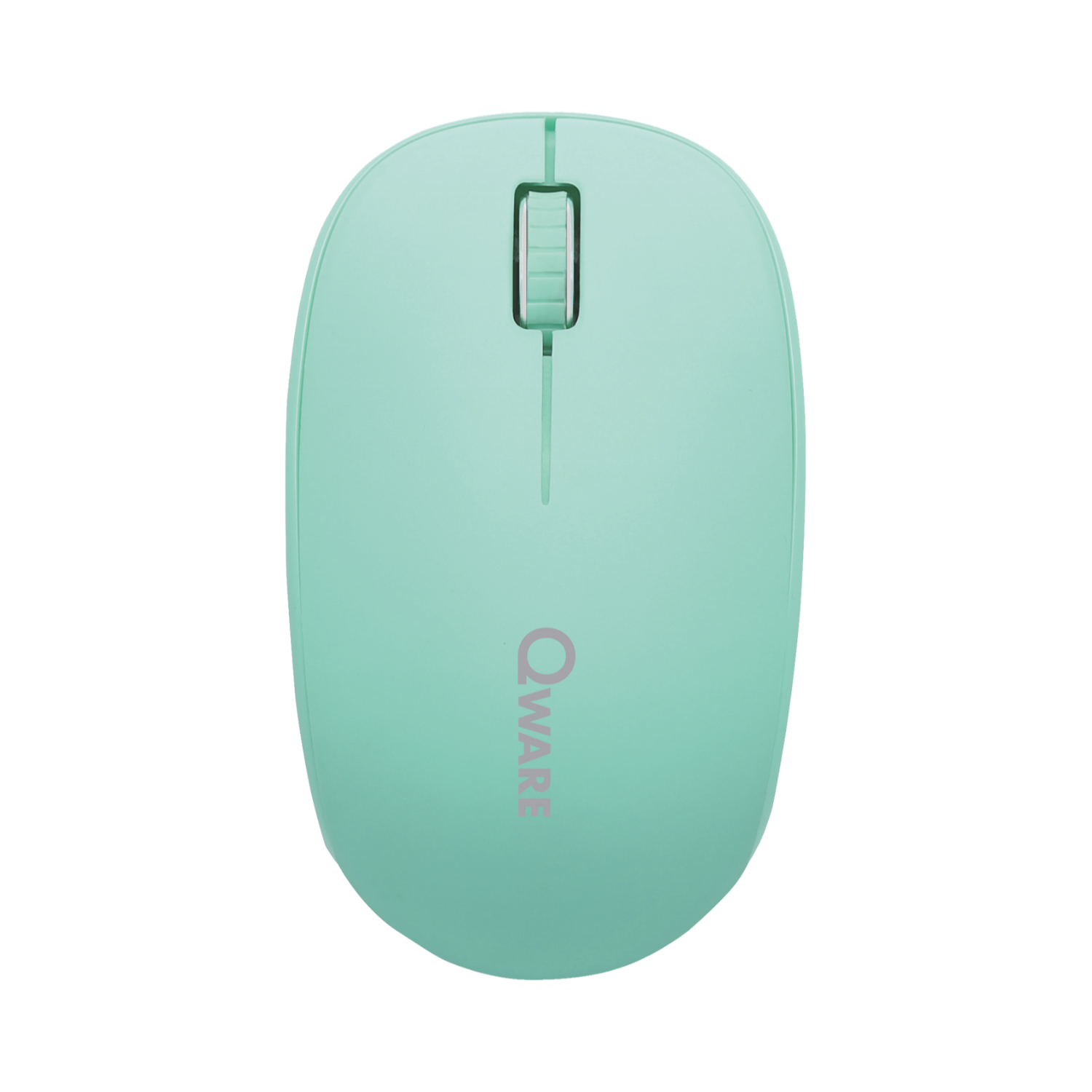 Mintgroene computermuis. Bovenaanzicht met scrollwiel en 'QWARE' logo.