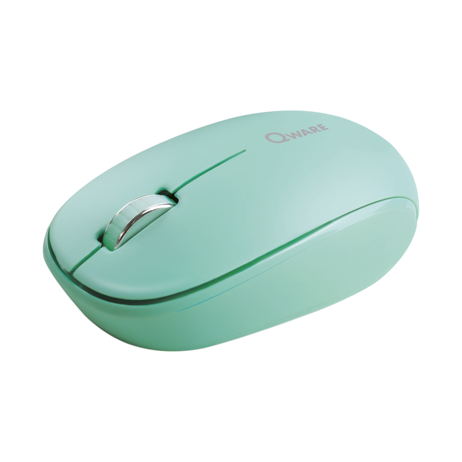 Een mintgroene draadloze muis met een zilveren scrollwiel en een zwarte achtergrond.